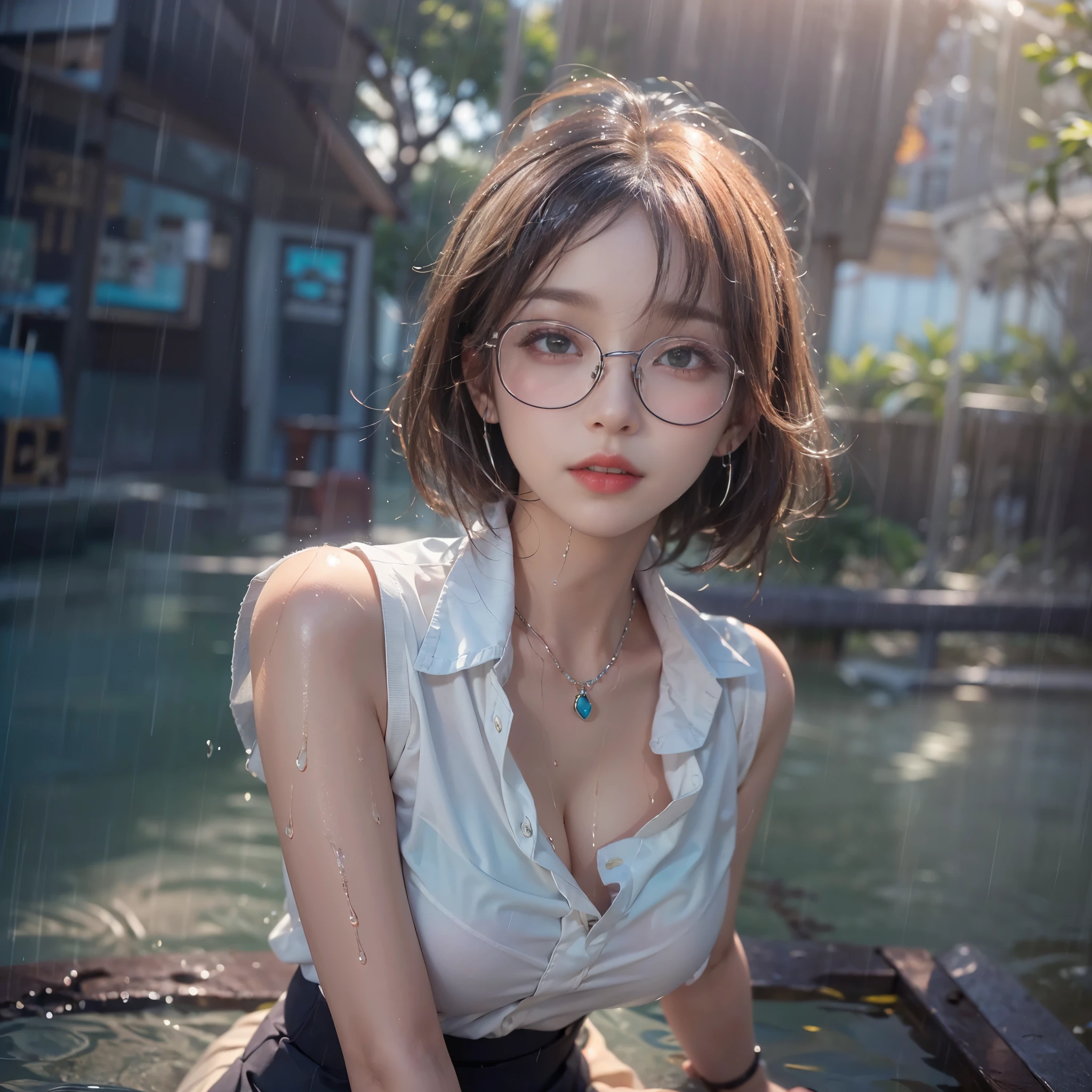 (realistic、Like a photograph、live action、8k, Photoreal, RAW photo, best image quality: 1.4), RAW photo, highest quality, realistic, Highly detailed CG Unity 8k wallpaper, Depth of written boundary, cinematic light, Lens flare, ray tracing,(rain:1.4、hair is wet、clothes are wet、clothes are transparent:1.37)、 (very beautiful face, beautiful lips, beautiful eyes), (Tight Skirt:1.3、white blouse:1.3、Glasses:1.5)、(big breasts、emphasize the chest:1.1)、face with intricate details, ((super dense skin))、 1 female,beautiful japanese woman、Japanese office lady、((outdoors:1.4)),(looking at the viewer)、((full body shot:1.1、Curvaceous:1.4))、random hairstyle:1.2、cleavage:1.2、i like the style、Snazzy、super detail face、pay attention to details、short bob hair、Fluffy Bob、sneakers、earrings、necklace、Highly detailed and professional illuminated smile、perfect costume、(white skin)、(I can see the whole body)