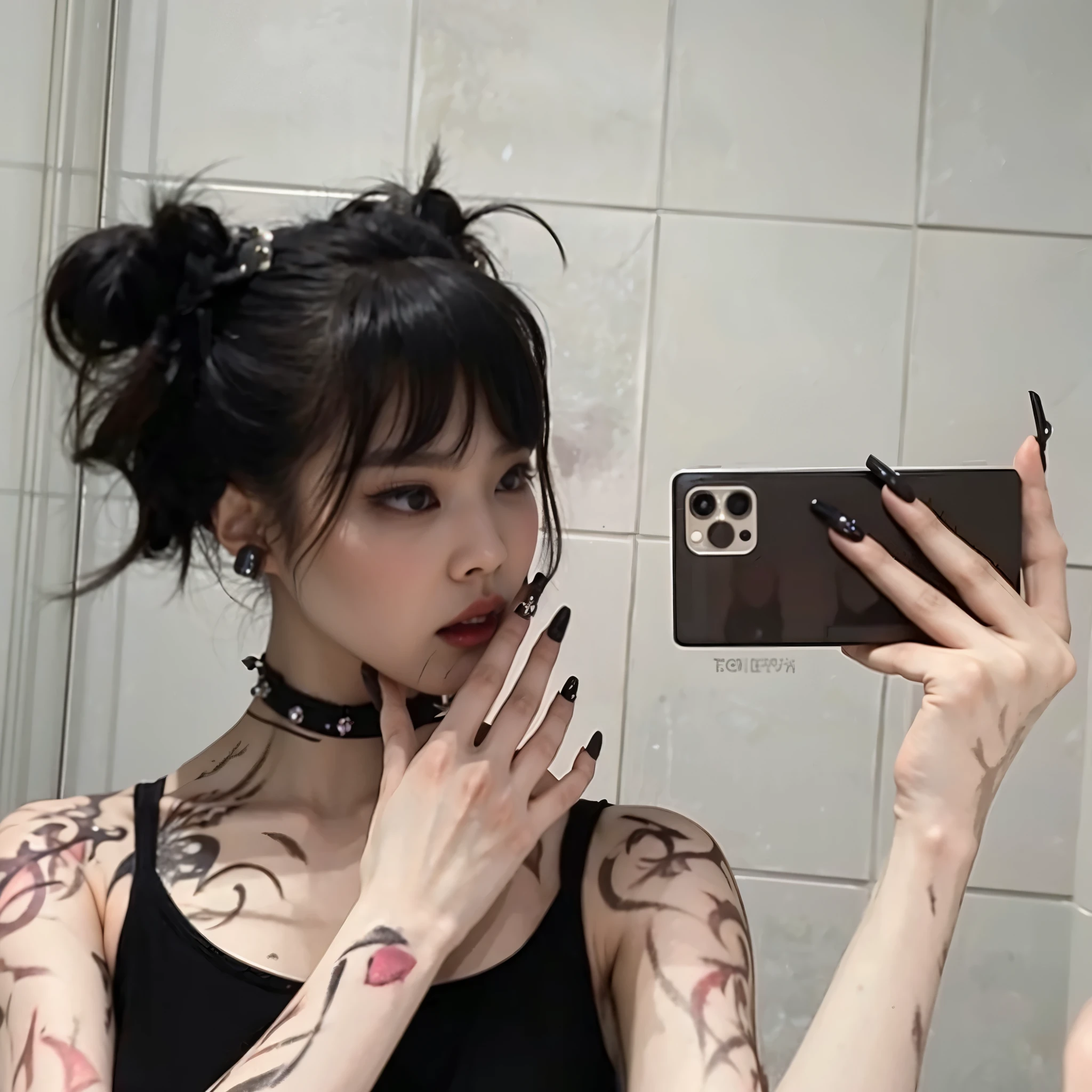 there is a woman with tattoos taking a selfie in the mirror, gothic girl aesthetic, gothic aesthetic, 1 7 - year - old gothic girl, gothic girl, gothic aesthetic, pale gothic beauty, darkwave gothic aesthetic, gothic horror vibes, gothic atmosphere, Gothic style, 1 7 - year - old anime gothic girl, ominous gothic aesthetic, gothic makeup, grunge aesthetic!!!, Jennie Kim, Kim Jenni, Jennie Blackpink, Jennie