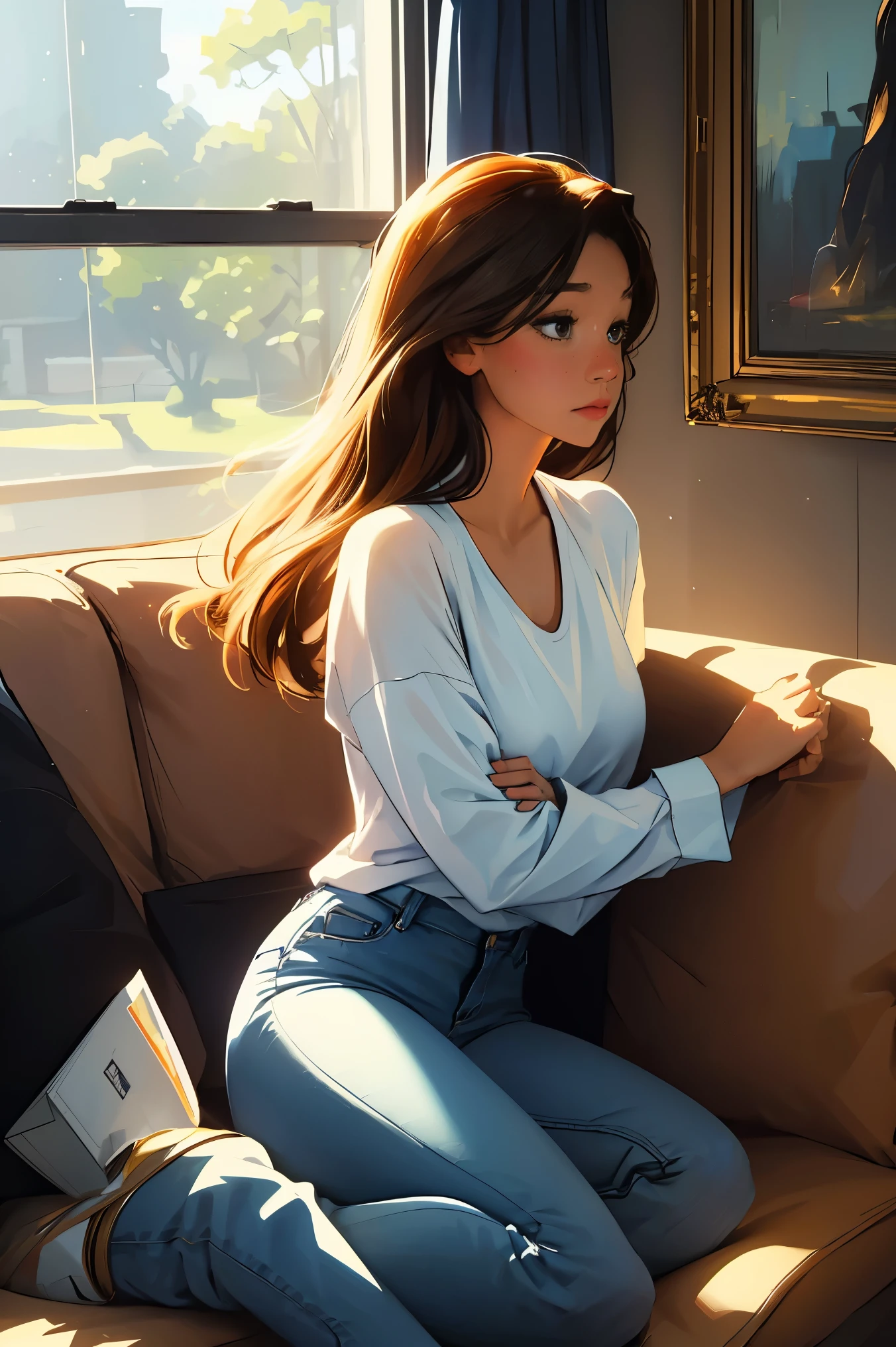 A woman lost in thought sitting on a sofa in a bright living room,  front view of woman anime female, realistic mature woman, Illustration, Anime woman looks out the window, realistic art style, Realistic anime art style, Realistic anime art style, Ilya Kuvshinov with long hair, in anime style, A woman sitting on a sofa in a mysterious living room(masterpiece:1.4), (best quality:1.4),Woman wearing tight sportswear,vivid colors, soft focus, light leak, dreamy atmosphere, experimental charm, Retro charm break color field painting, various colors, abstract expressionism, Bold colors, emotional impact, atmospheric depth, MINIMALIST APPROACH BREAK, Beautiful woman, UHD (ultra detail) viewers who see it.., different, fancy, Long hair dyed brown tied back 🌈, jeans clothing, White stardust in dark areas, absurd, high resolution, very detailed, (1 woman : ), vivid colors, soft focus, light leak,