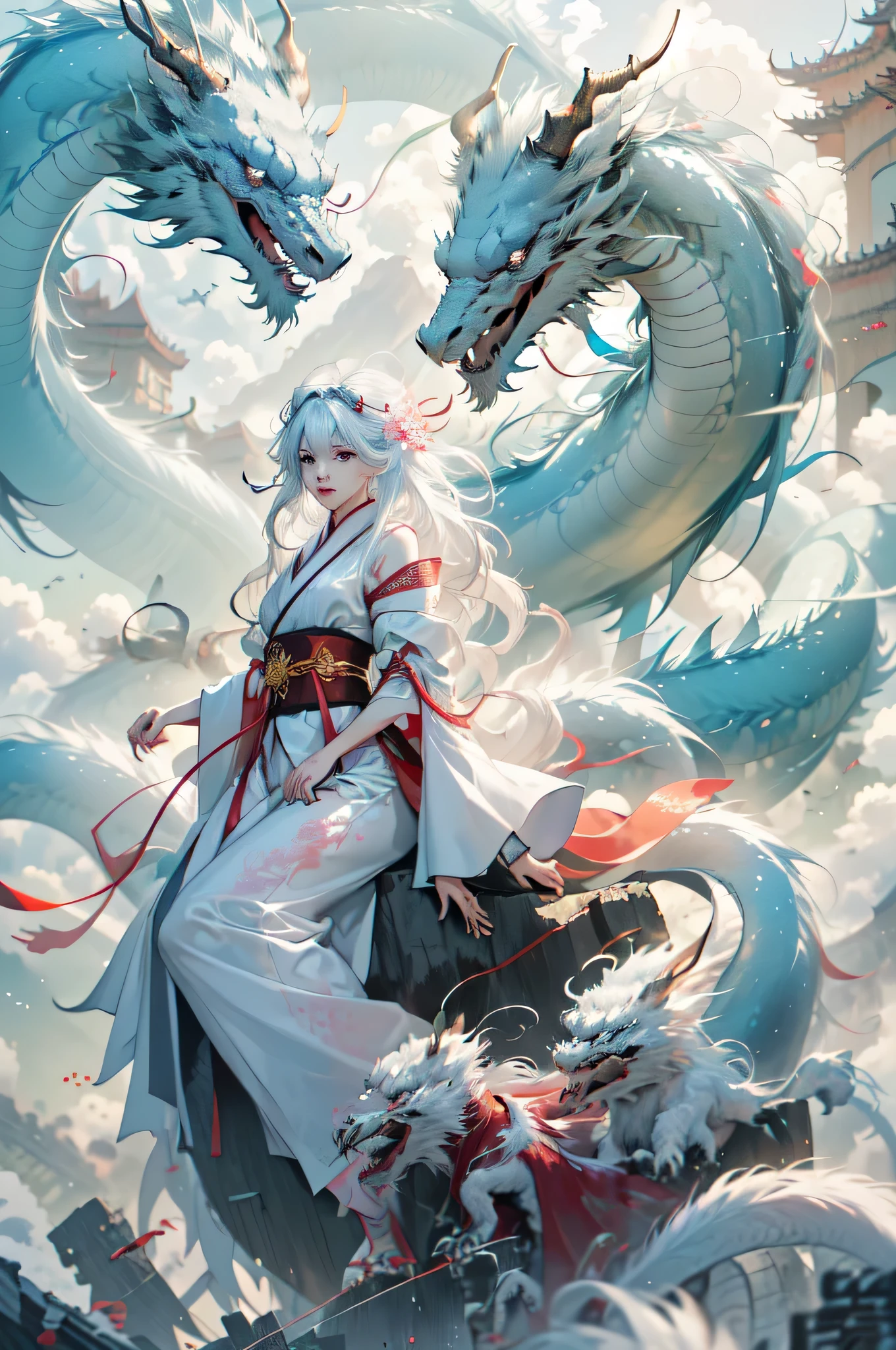 Dynamic Lighting, Art Station, Poster, Volume Lighting, Very Detailed Faces, 4k Wallpaper, Award-Standing, 1 Girl with White Hair, Long Flowing Hair, Ponytail, Fringed Hair Ornament, Dynamic Perspective, White Hanfu, White Gauze Flying, Red Belt, Sexy, Traditional Chinese Ink Painting, Surrounded by Clouds and Mist, Mist, Riding a White Dragon Dragon Head, Stroking the Dragon Head, White Dragon Horns, Dynamic Perspective, Movie Lighting,