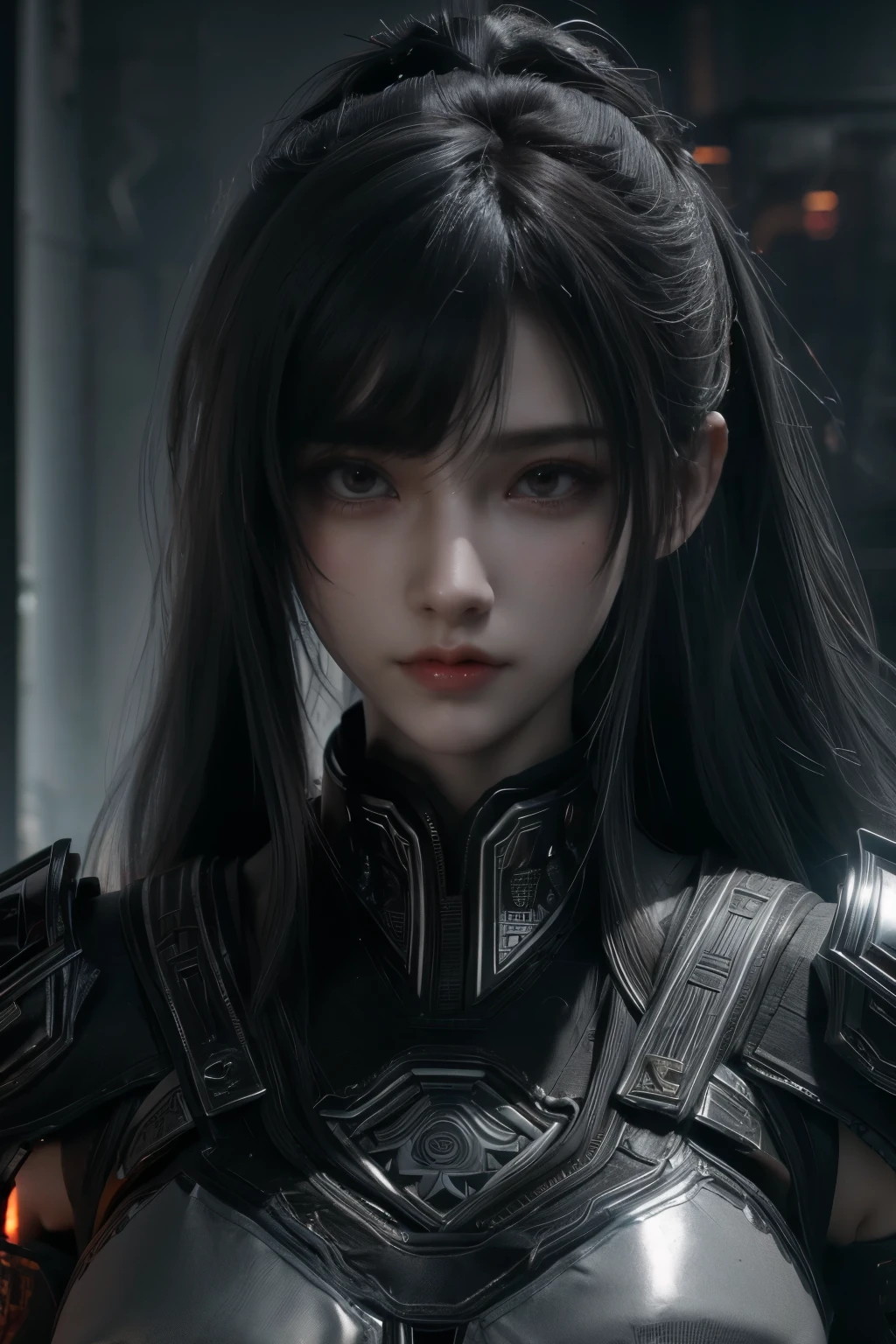 Masterpiece,Game art,The best picture quality,Highest resolution,8K,(Portrait),Unreal Engine 5 rendering works,(Digital Photography),((Portrait Feature:1.5)),
20 year old girl,Short hair details,With long bangs,(The red eye makeup is very meticulous),(With long gray hair:1.4),(Large, full breasts),Elegant and noble,Brave and charming,
(Future armor combined with the characteristics of ancient Chinese armor,Hollow design,Power Armor,The mysterious Eastern runes,A delicate dress pattern,A flash of magic),Warrior of the future,Cyberpunk figures,Background of war,
Movie lights,Ray tracing,Game CG,((3D Unreal Engine)),OC rendering reflection pattern