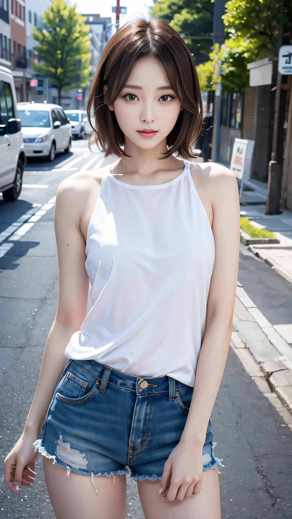 best image quality、RAW photo、超A high resolution、21 year old female、Shooting for one person only、model shoot、springの装い、fashionable clothes、Beautiful eyes in every detail、very long term、beautiful eyelashes、beautiful double eyelids、very thin legs、light brown short hair、very thin physique,street、sexy pose,spring、clear sky、one woman、