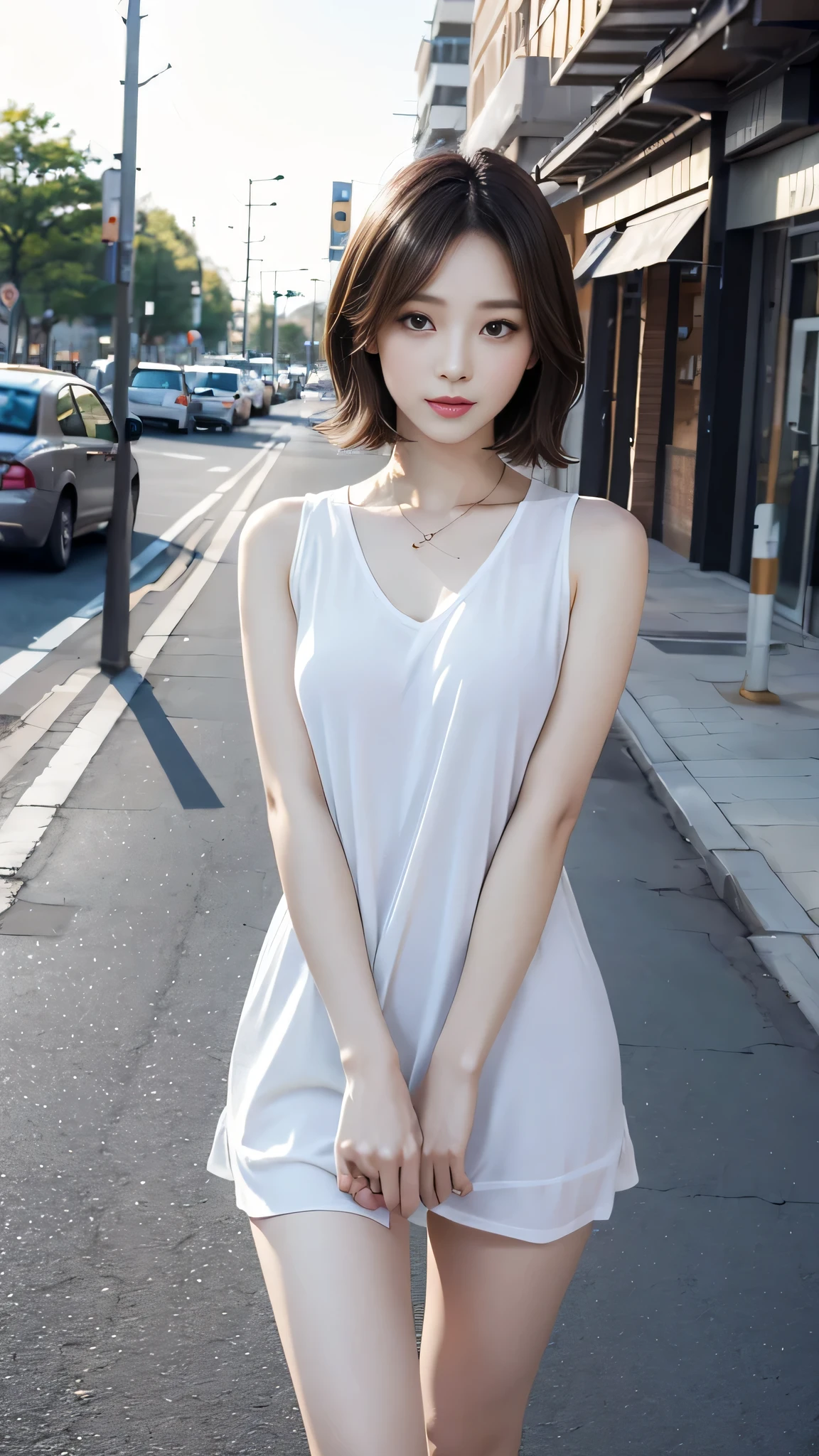 best image quality、RAW photo、超A high resolution、21 year old female、Shooting for one person only、model shoot、springの装い、fashionable clothes、Beautiful eyes in every detail、very long term、beautiful eyelashes、beautiful double eyelids、very thin legs、light brown short hair、very thin physique,street、sexy pose,spring、clear sky、one woman、