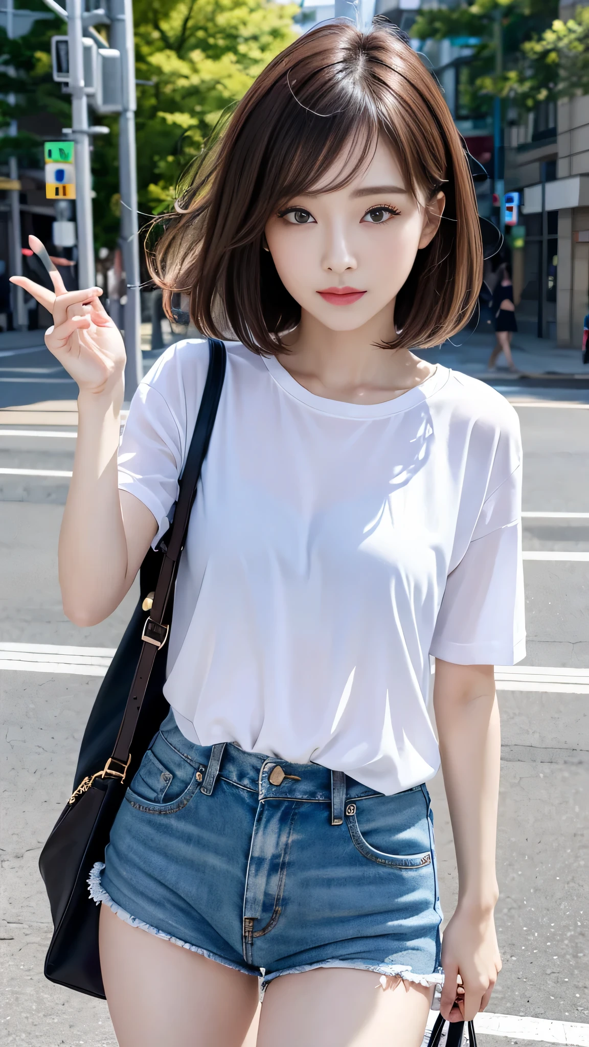 best image quality、RAW photo、超A high resolution、21 year old female、Shooting for one person only、model shoot、springの装い、fashionable clothes、Beautiful eyes in every detail、very long term、beautiful eyelashes、beautiful double eyelids、very thin legs、light brown short hair、very thin physique,street、sexy pose,spring、clear sky、one woman、