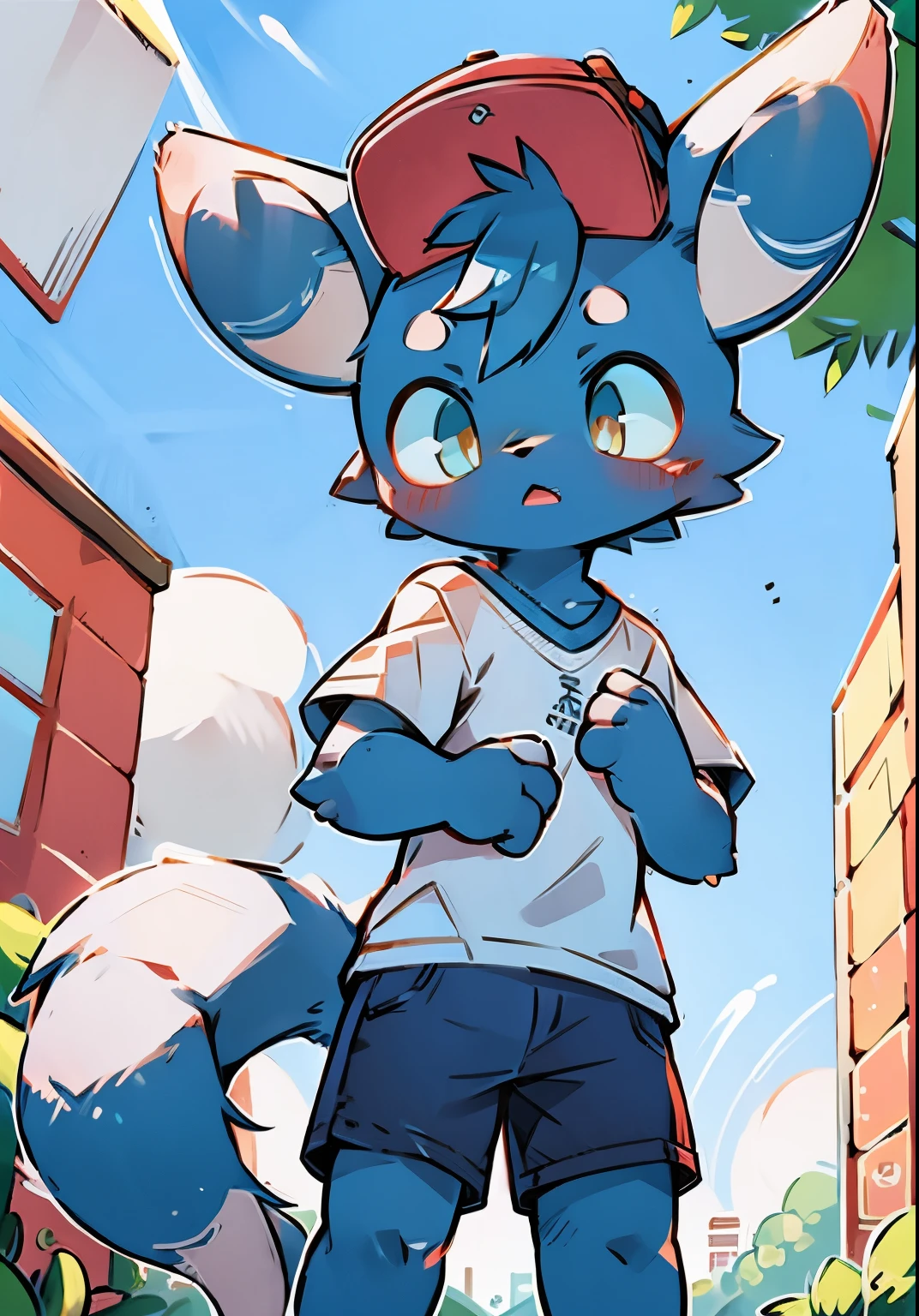 The streets of London at the beginning of the twentieth century,Cute little meowstic_male,Libido boy,Slim figure,pale gray fur,Bright morning sun,Brown newsboy hat,white short blouse,brown shorts,Sell moe,Bright and smart eyes(A masterpiece)(high qulity)(Clear structure)(Clear lines)(Background of extreme detail)(extremelydetailedcharacter)