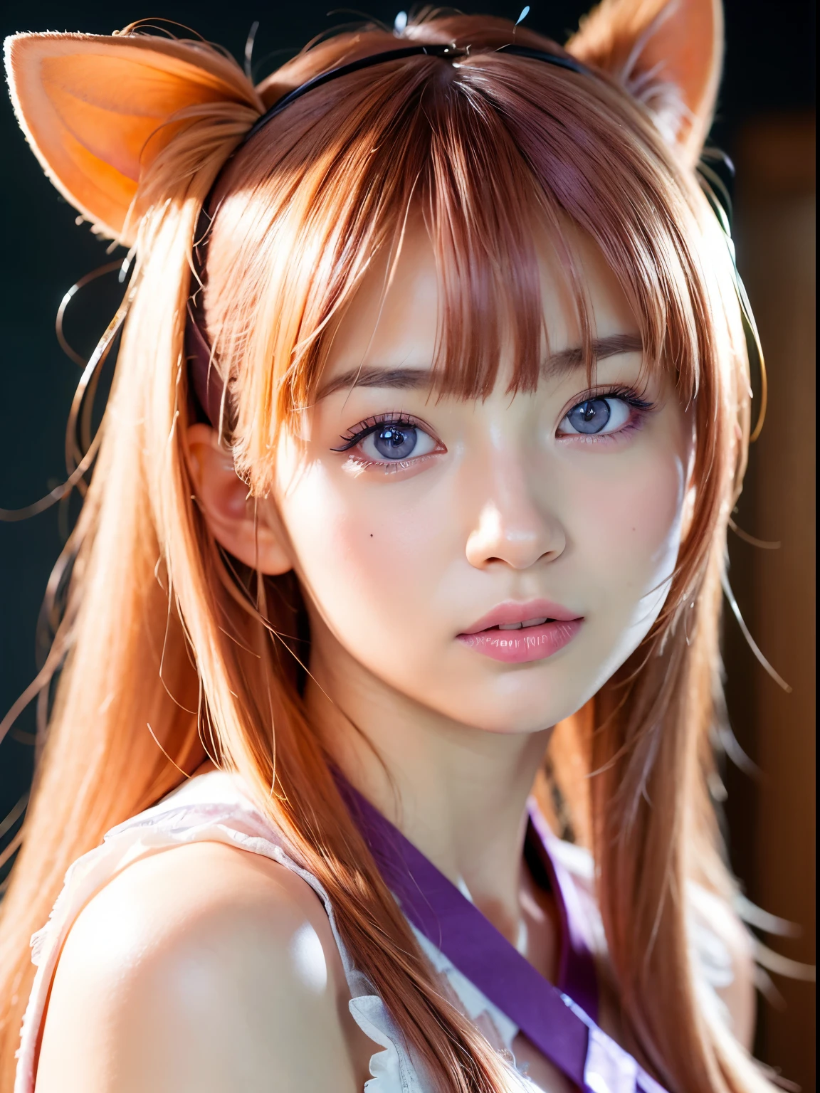 best quality, face focus, soft light, ultra high res, (photorealistic:1.4), RAW photo,
1japanese girl, solo, cute, (pupil, lights in the eyes), her eyes colour are light lavender purple detailed beautiful face, (),(high resolution detail of human skin texture),
(Light long orange hair with side bangs),
indoor, pink ninja outfit with konoha headband
(portrait)
