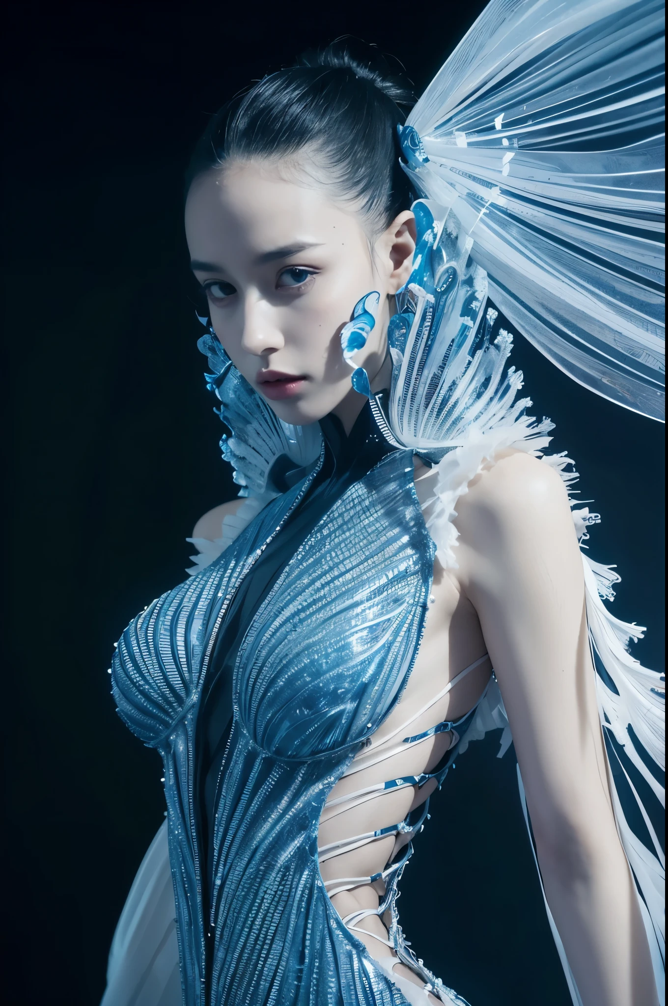 Dress creative fashion design,iris van herpen designer style,marine life curve,sense of lines,Bone structure,Symmetrical design,blue and white lines,full body display