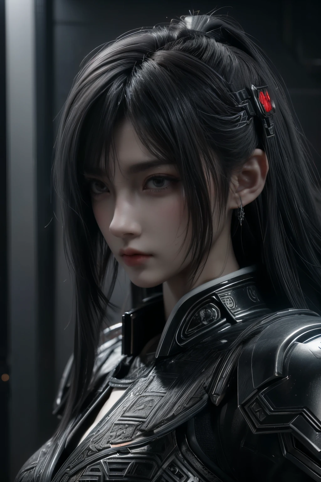 Masterpiece,Game art,The best picture quality,Highest resolution,8K,(Portrait),Unreal Engine 5 rendering works,(Digital Photography),((Portrait Feature:1.5)),
20 year old girl,Short hair details,With long bangs,(The red eye makeup is very meticulous),(With long gray hair:1.4),(Large, full breasts),Elegant and noble,Brave and charming,
(Future armor combined with the characteristics of ancient Chinese armor,Hollow design,Power Armor,The mysterious Eastern runes,A delicate dress pattern,A flash of magic),Warrior of the future,Cyberpunk figures,Background of war,
Movie lights,Ray tracing,Game CG,((3D Unreal Engine)),OC rendering reflection pattern