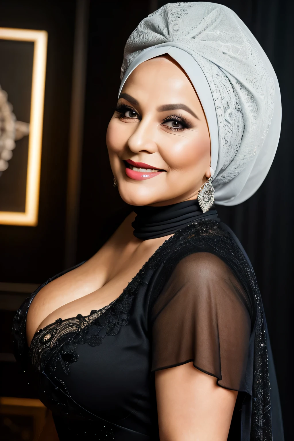 gordo, uma linda mulher de 70 anoaduro), (usando um lindo hijab PRETO), (usando um lindo vestido), Realista, Gordinho, rosto liso, Olhos perfeitos, simIt istrico, 8K high definition, incrivelmente detalhado, intricado, elegante, arte de David Kostic e Stanley Lau e Artgerm, pele perfeita, lindo atemporal, gordo, maduro, (Seios enormes:1.1), batom, (Boate), linda coxa, cabelo branco, decote, sorridente, It is, Vista lateral