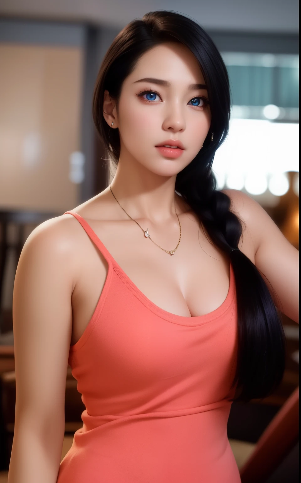 Beautiful big breastokeh), indoors, detailed luxury living room, gentle and charming beautiful goddess, Korean(kpop-idol), solo, necklace, oval face, double eyelids, smart, good hands, good feet, Natural, (from below angle), (glossy skin:1.05), ((low angle)), Perfect figure, (64k, UHD, RAW photo, best quality, masterpiece:1.4), (realistic, photo-realistic:1.37), ultra high res, photon mapping, radiosity, physically-based rendering, professional soft lighting, blue eyes, purpel hair