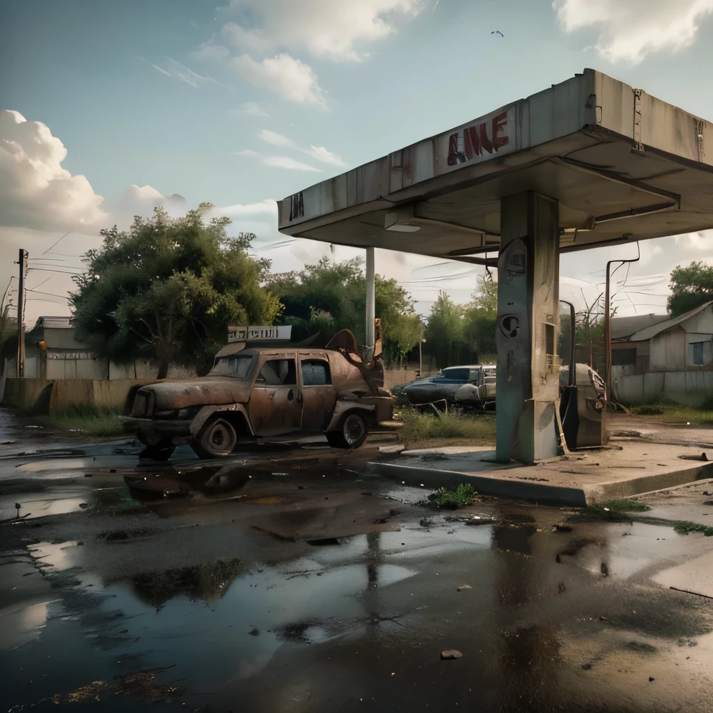 Stable Diffusion prompt: 3D environment of a post-apocalyptic gas station concept art, inspired by the art of The Last of Us, with a zombie movie and game atmosphere, high-quality (best quality, 4k, highres, HDR:1.1), ultra-detailed, realistic (photorealistic:1.37) depiction. The gas station should have a worn-out appearance, with rusty gas pumps and cracked pavement. Surrounding the gas station, there should be overgrown vegetation indicating a lack of maintenance. The lighting should be dim and eerie, with a sense of suspense and danger. The color palette should consist of desaturated and muted tones, with a focus on cool blues and greens. The gas station should be situated in a vast and desolate landscape, with remnants of destroyed buildings and abandoned vehicles in the distance. The scene should capture a sense of isolation and desperation, with a hint of hope for survival.