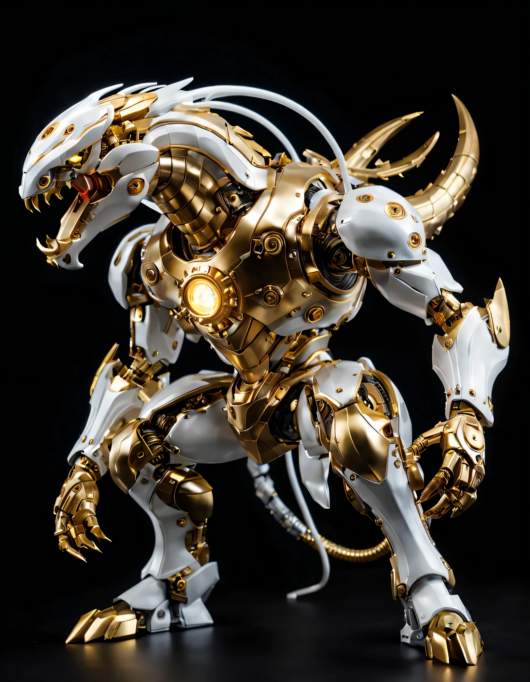 (full-body shot:1.5), (full view:1.5), personification,Pure black background, A white and gold Viper Russell transparent mech stands on the ground，Get into a fighting stance, (Mechanical snakeheads), Exquisite white transparent glass mechanical armor, Metal mechanical mask, Precision luminous electronic eye,(The internal structure is complex and precise:1.2), Exquisite and complex golden mecha texture, (gold mechanical thread:1.2), (Well-designed, high detail, masterpiece, best quality, ultra high definition, Sharpen details, ,metallic feel),New Jersey RS