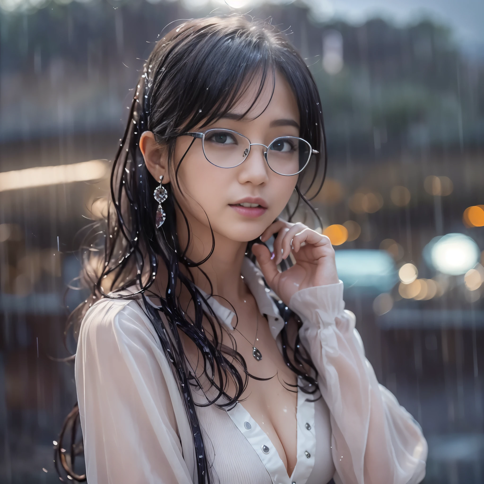 (realistic、Like a photograph、live action、8k, Photoreal, RAW photo, best image quality: 1.4), RAW photo, highest quality, realistic, Highly detailed CG Unity 8k wallpaper, Depth of written boundary, cinematic light, Lens flare, ray tracing,(rain:1.4、hair is wet、clothes are wet、clothes are transparent:1.37)、 (very beautiful face, beautiful lips, beautiful eyes), (Tight Skirt:1.3、white blouse:1.3、Glasses:1.5)、(big breasts、emphasize the chest:1.1)、face with intricate details, ((super dense skin))、 1 female,beautiful japanese woman、Japanese office lady、((outdoors:1.4)),(looking at the viewer)、((full body shot:1.1、Curvaceous:1.4))、random hairstyle:1.2、cleavage:1.2、i like the style、Snazzy、super detail face、pay attention to details、short bob hair、Fluffy Bob、sneakers、earrings、necklace、Very detailed and professionally lit sad face、perfect costume、(white skin)、(I can see the whole body)