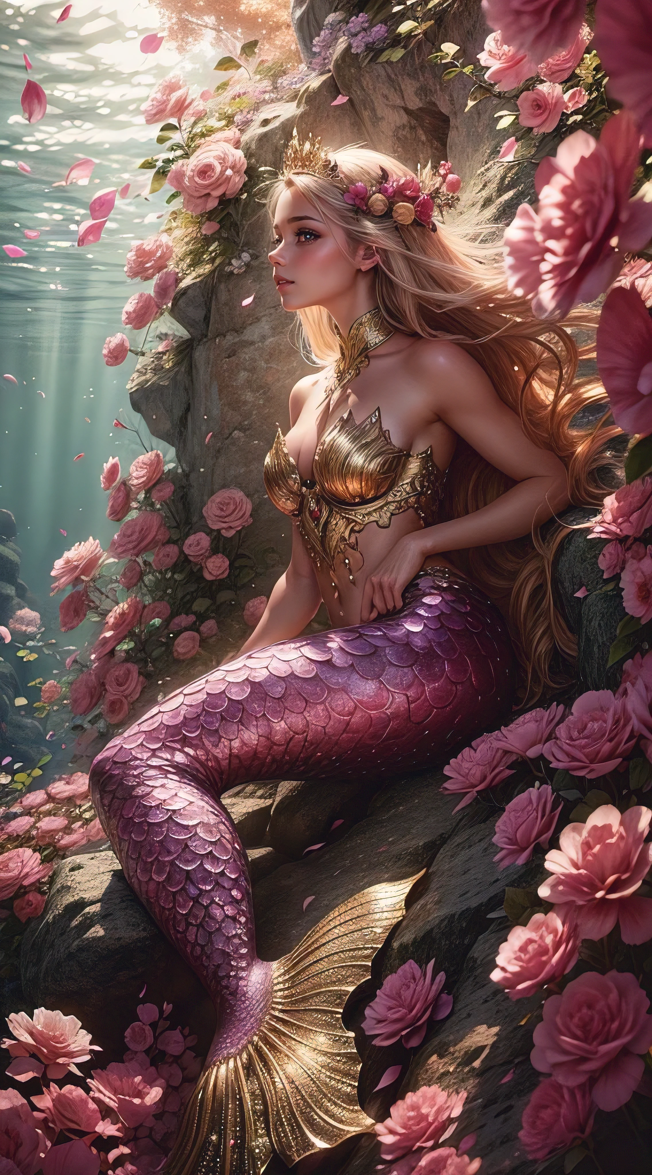 (masterpiece, best quality, photorealistic, ultra-detailed:1.2), a mermaid relaxing on a rock in the middle of sea of roses, (underwater, under the sea), perfect body, large breasts, wide hips, golden fin and scales, surreal, whimsical cartoon style, artgerm