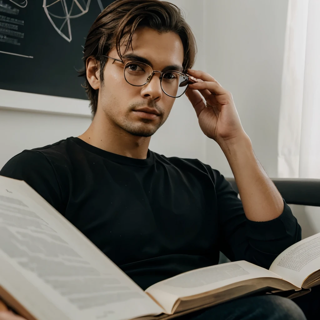 Crie um homem com oculos intelectual lendo lovro