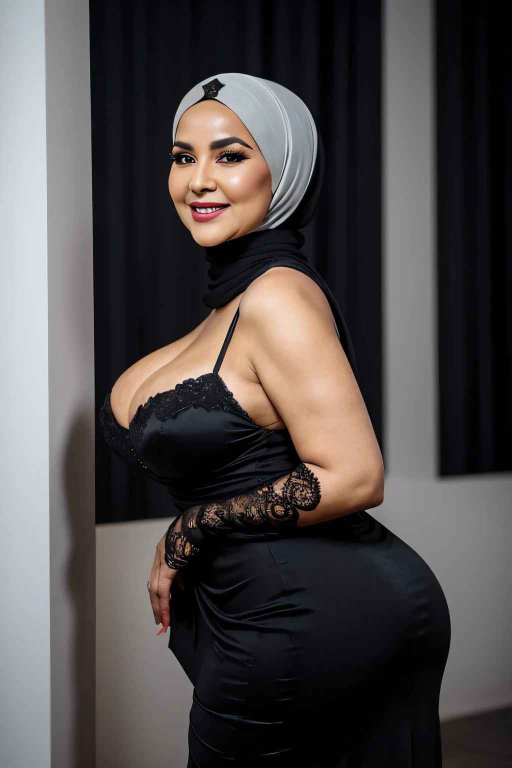 gordo, uma linda mulher de 70 anoaduro), (usando um lindo hijab PRETO), (usando um lindo vestido), Realista, Gordinho, rosto liso, Olhos perfeitos, simIt istrico, 8K high definition, incrivelmente detalhado, intricado, elegante, arte de David Kostic e Stanley Lau e Artgerm, pele perfeita, lindo atemporal, gordo, maduro, (Seios enormes:1.1), batom, (Boate), linda coxa, cabelo branco, decote, sorridente, It is, Vista lateral