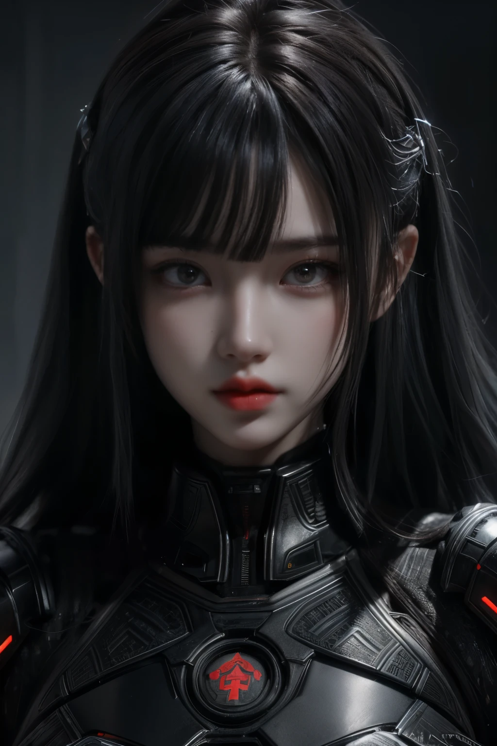 Masterpiece,Game art,The best picture quality,Highest resolution,8K,(Portrait),Unreal Engine 5 rendering works,(Digital Photography),((Portrait Feature:1.5)),
20 year old girl,Short hair details,With long bangs,(The red eye makeup is very meticulous),(With long gray hair:1.4),(Large, full breasts),Elegant and noble,Brave and charming,
(Future armor combined with the characteristics of ancient Chinese armor,Hollow design,Power Armor,The mysterious Eastern runes,A delicate dress pattern,A flash of magic),Warrior of the future,Cyberpunk figures,Background of war,
Movie lights，Ray tracing，Game CG，((3D Unreal Engine))，OC rendering reflection pattern