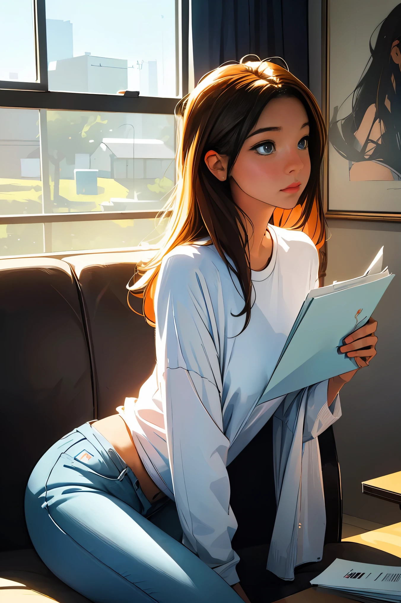 Portrait of beautiful girl, sitting on bed, ((full body)), (headphone), reading book, concept art, (student), pinterest, arts station, art by lou ll
