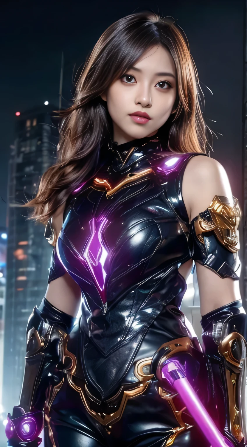 (1 Mechanical Girl)、top-quality、masterpiece、(Photorealsitic:1.4)、1 girl、dark brown hair with purple highlights、glowy skin、(Small LED)、((super realistic details)), skin is exposed in cleavage、metals、Japan details、Realistic light、radiant eyes、Facing the camera、orange and armoured black mechanical chest plate, (((exposed shoulders and arms with gauntlets)))