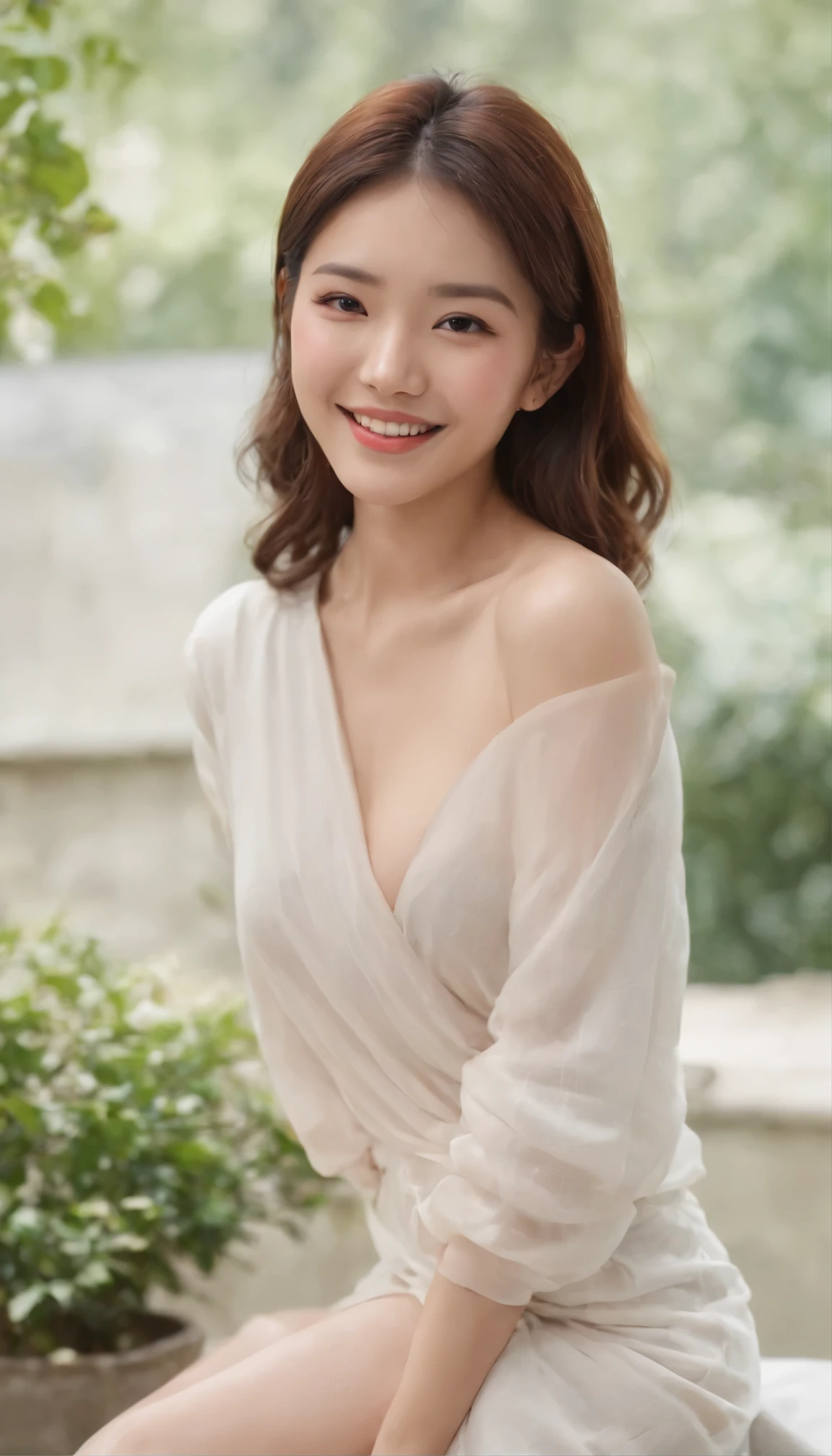 asian woman, soft light, clean face, cheerfulness, cheerful and big, smile, warm light, ((オフホワイトのグラデーションのbackground)), (background)). ((灰色の壁のbackground)) , (bob cut hair), smile,  ,skirt that hugs the hips、dimples,Completely naked,open the thighs, from inside the crotch