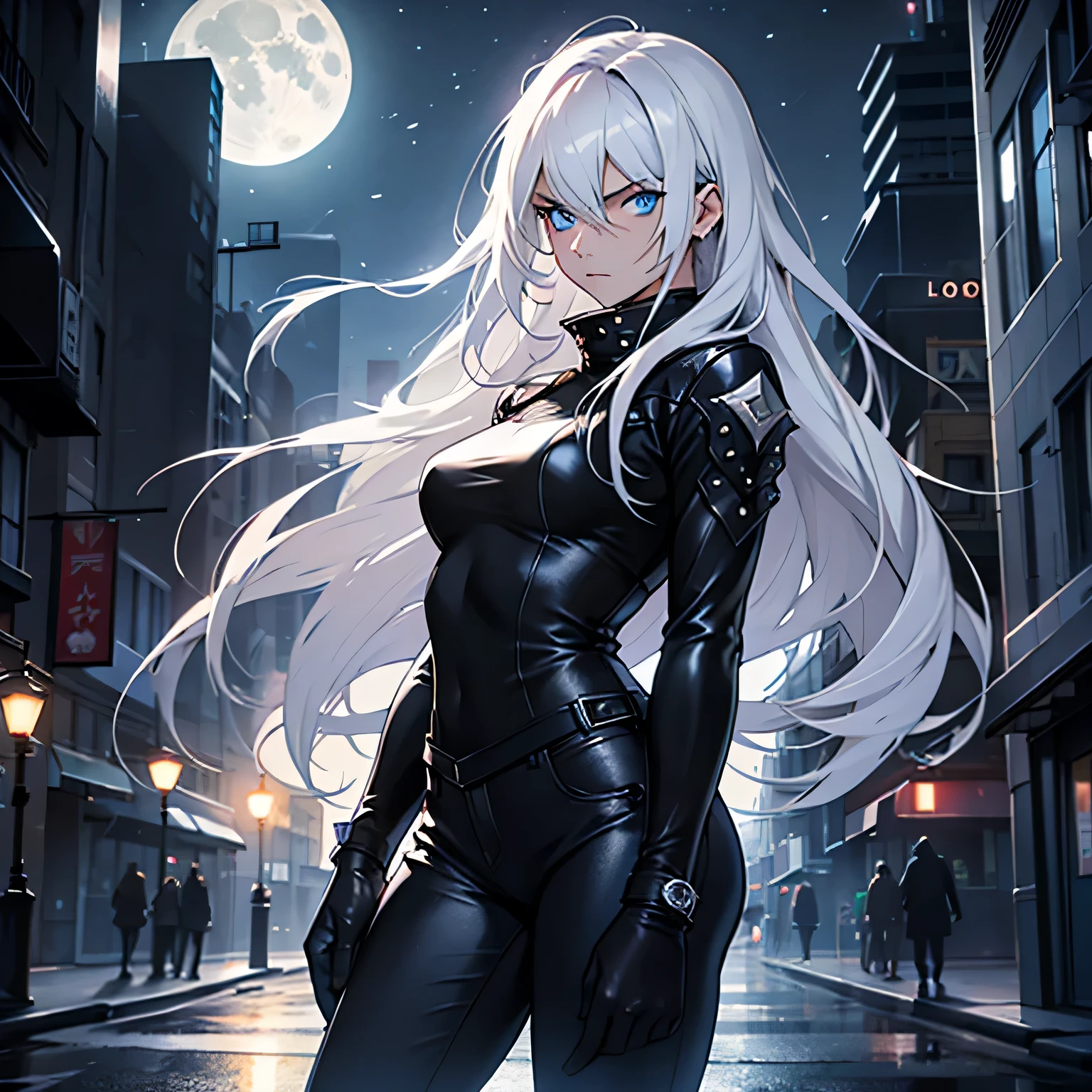 Indifferent woman ,long hair , blue eyes , （Serious expression），((sharp vision)), 30 years old, night , full moon , Moody's Lighting, in a city , depth of field, black leather pants