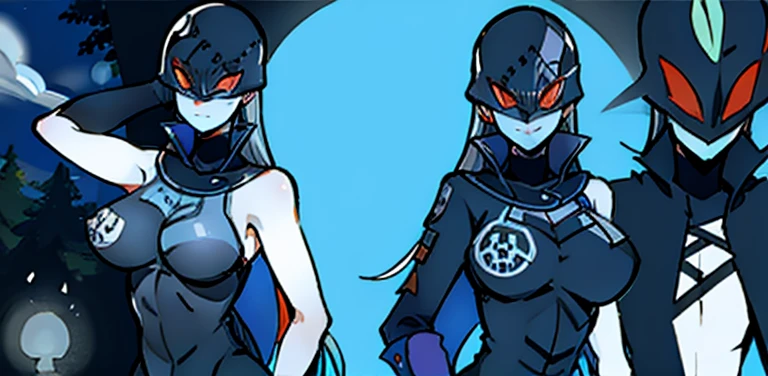 woman, detailed body, large bust, sky blue skin, long straight gray hair, very fitted black leather suit that sticks to the skin, flirtatious smile, casual pose, leather mask that covers her head and ends under her eyes, eyes red, ultra detailed, fine nose, only one person, stage, forest