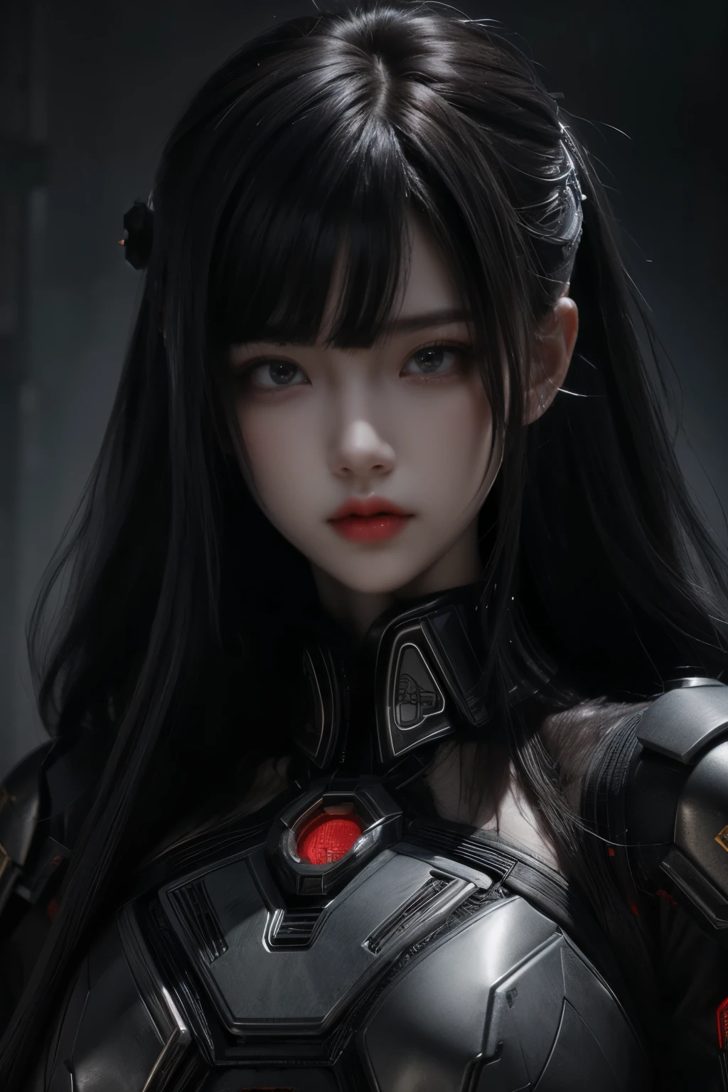 Masterpiece,Game art,The best picture quality,Highest resolution,8K,(Portrait),Unreal Engine 5 rendering works,(Digital Photography),((Portrait Feature:1.5)),
20 year old girl,Short hair details,With long bangs,(The red eye makeup is very meticulous),(With long gray hair:1.4),(Large, full breasts),Elegant and noble,Brave and charming,
(Future armor combined with the characteristics of ancient Chinese armor,Hollow design,Power Armor,The mysterious Eastern runes,A delicate dress pattern,A flash of magic),Warrior of the future,Cyberpunk figures,Background of war,
Movie lights,Ray tracing,Game CG,((3D Unreal Engine)),OC rendering reflection pattern