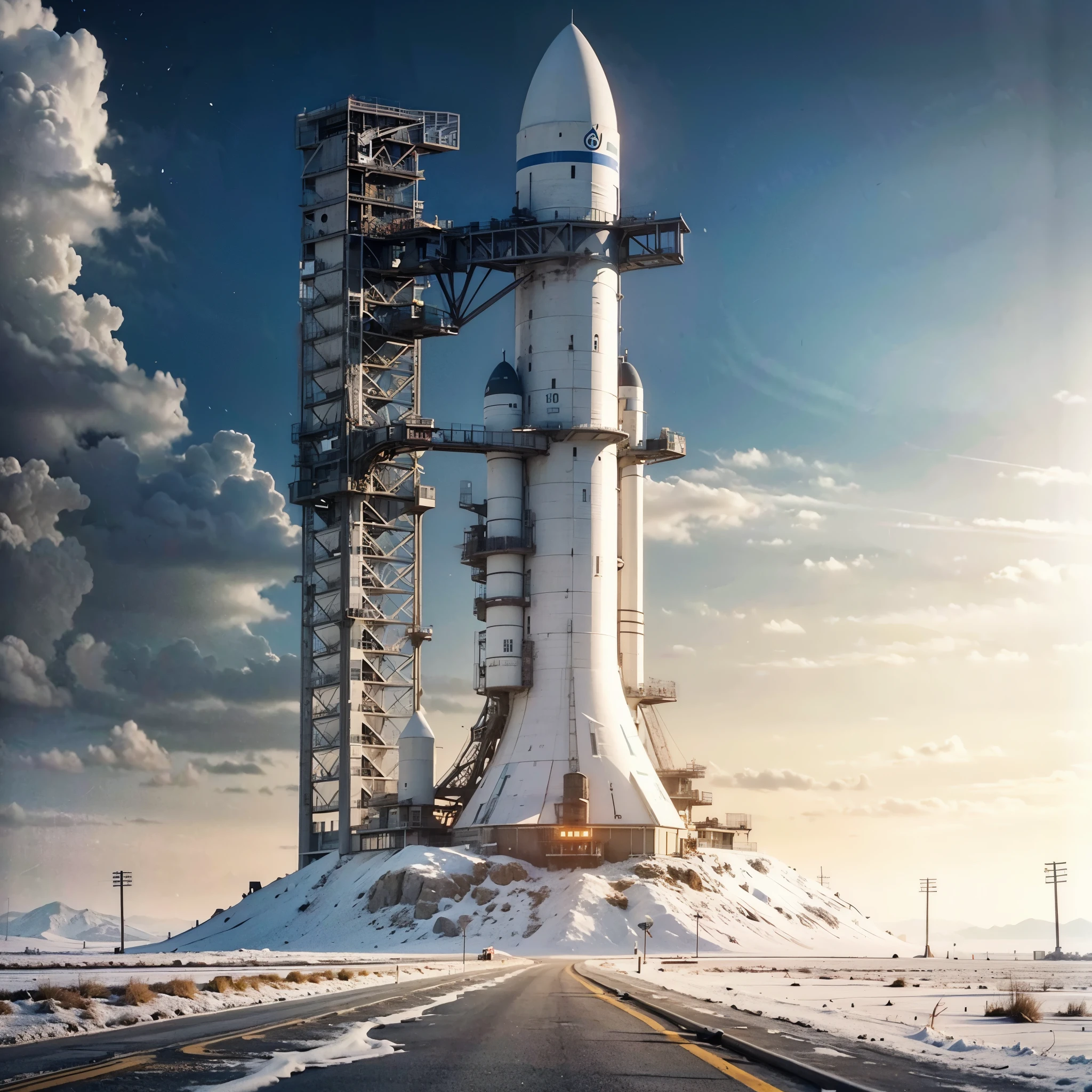 a gigantic space rocket landed on a huge launch pad,