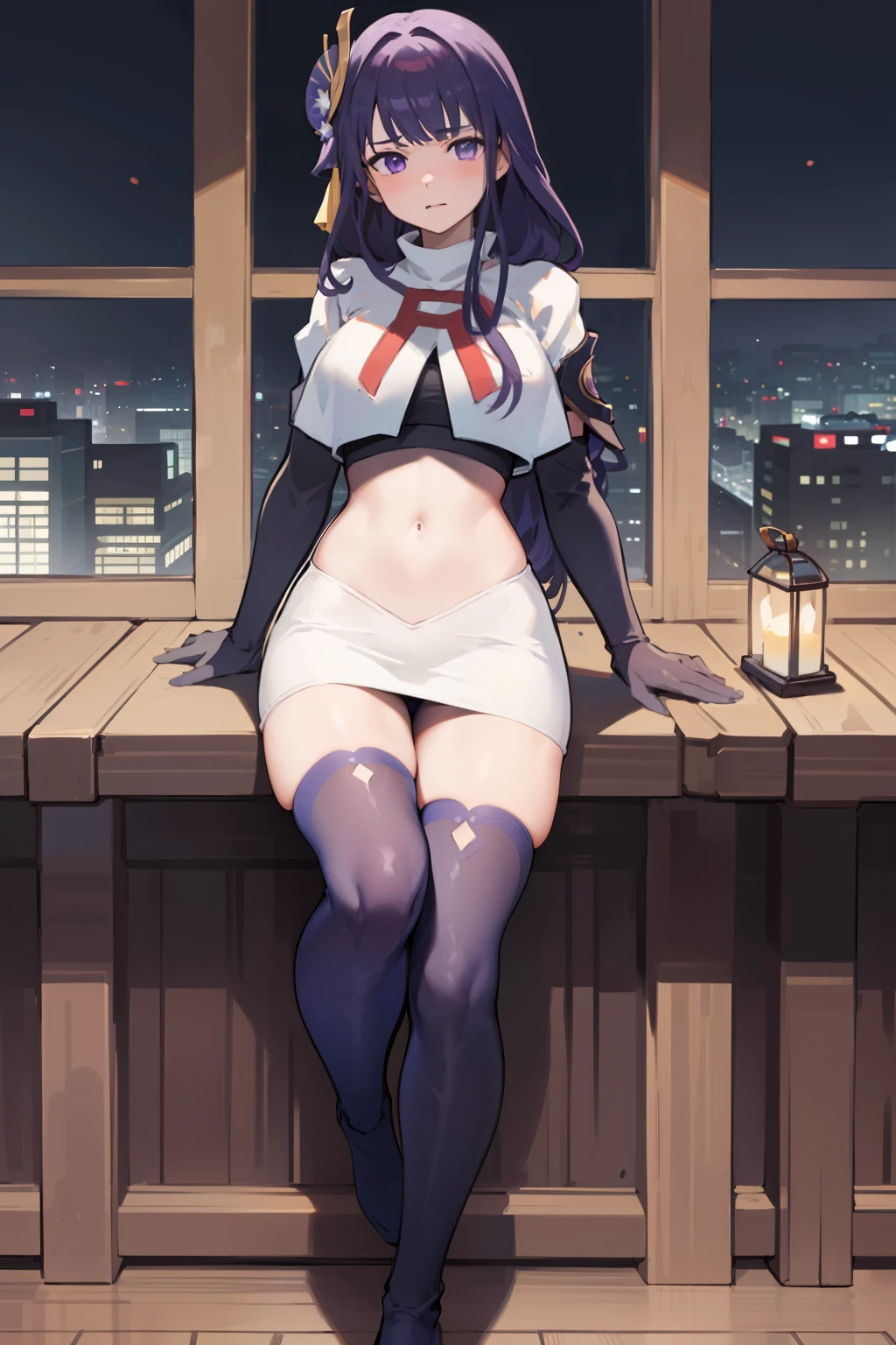(Highest quality，Masterpiece，8k)，((Pale skin))，1girll，Solo Woman，((Genshin_impact，Raiden general)), Sexy beautiful anime girl，Raiden general, Mole under eye, Long purple hair, hair ornaments, rosy lips，Anime mouth, A sexy mature woman，Detailed eyeusty figure, team rocket,team rocket uniform, red letter R, white skirt,white crop top,black thigh-highs,black elbow gloves,