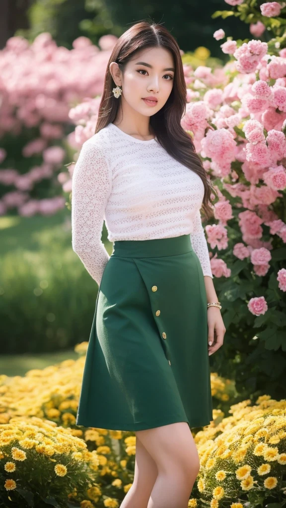 (best quality,8k,highers,masterpiece:1.5),ultra-detailed,(realistic,photorealistic,photo-realistic:1.37), beautiful girl 24 years old, beautiful detailed eyes,beautiful detailed lips,extremely detailed eyes and face,longeyelashes,1girl,illustration,soft lighting,vibrant colors,bokeh,romantic,dreamlike,ethereal vibe,Full Body Professional Photo, (Photo 4K:1.1) (Sharp Focus:1.1), High Detail, Woman in(beautiful chrysanthemum garden:1.2), Pretty Buttocks, long Hair, Instagram Pattern Pose, confident, slim girl, big tits:1.2, perfect anatomy, perfect symmetry:1.2, Realistic, realistic face:1.3, perfect face, content, confident, very detailed, and dramatic, cinematic lighting, Lighting scene, soft lights graceful movement, full body photography, (((masterpiece :1.5))), photoreal acmm ss outfit, wearing acmm top, light purple acmm top, short sleeves, buttons, wearing acmm long skirt, white and pink with printed acmm long skirt, acmm ls outfit, wearing acmm top, olive green acmm top, long sleeves, wearing acmm long skirt, olive green acmm long skirt, printed skirt, high heels
