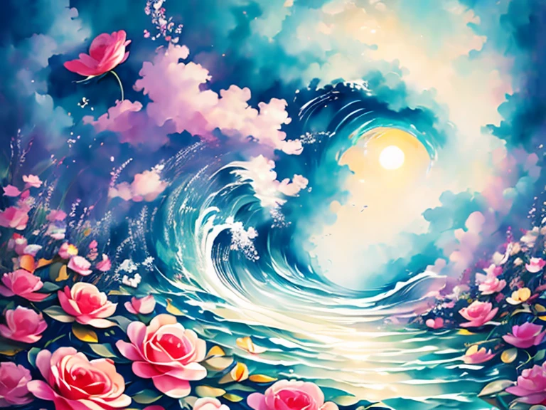 Flower Dance、sea of flowerasterpiece roses),rainbow colored background, (figure:1.2,paper art:1.2, 1.2, 3D rendering),(highest quality, Detailed details, masterpiece, official art, lighting effects, 4k, chiaroscuro)、Raging waves、big wave、Waves of flowers rush forward