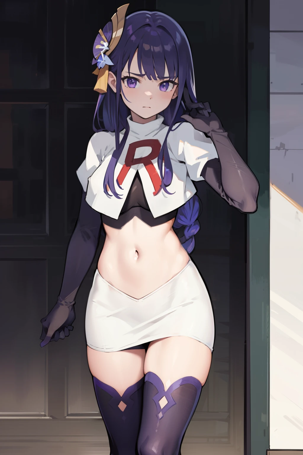 (Highest quality,Masterpiece,8k),((Pale skin)),1girll,Solo Woman,((Genshin_impact,Raiden general)), Sexy beautiful anime girl,Raiden general, Mole under eye, Long purple hair, hair ornaments, rosy lips,Anime mouth, A sexy mature woman,Detailed eyeusty figure, team rocket,team rocket uniform, red letter R, white skirt,white crop top,black thigh-highs,black elbow gloves,