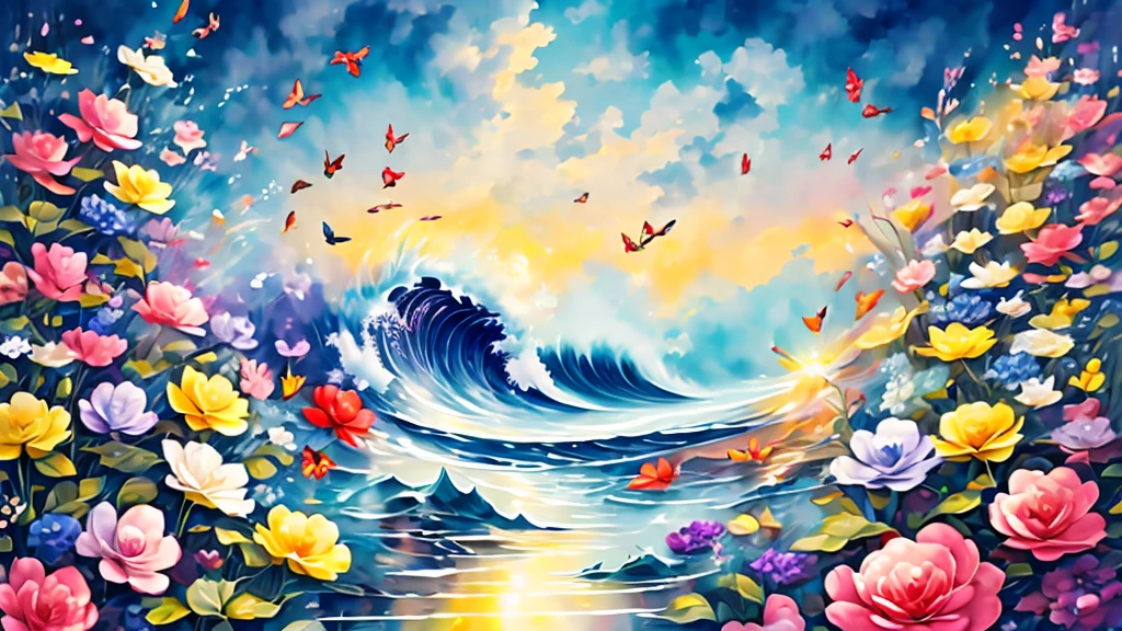 Flower Dance、sea of flowerasterpiece roses),rainbow colored background, (figure:1.2,paper art:1.2, 1.2, 3D rendering),(highest quality, Detailed details, masterpiece, official art, lighting effects, 4k, chiaroscuro)、Raging waves、big wave、Waves of flowers rush forward