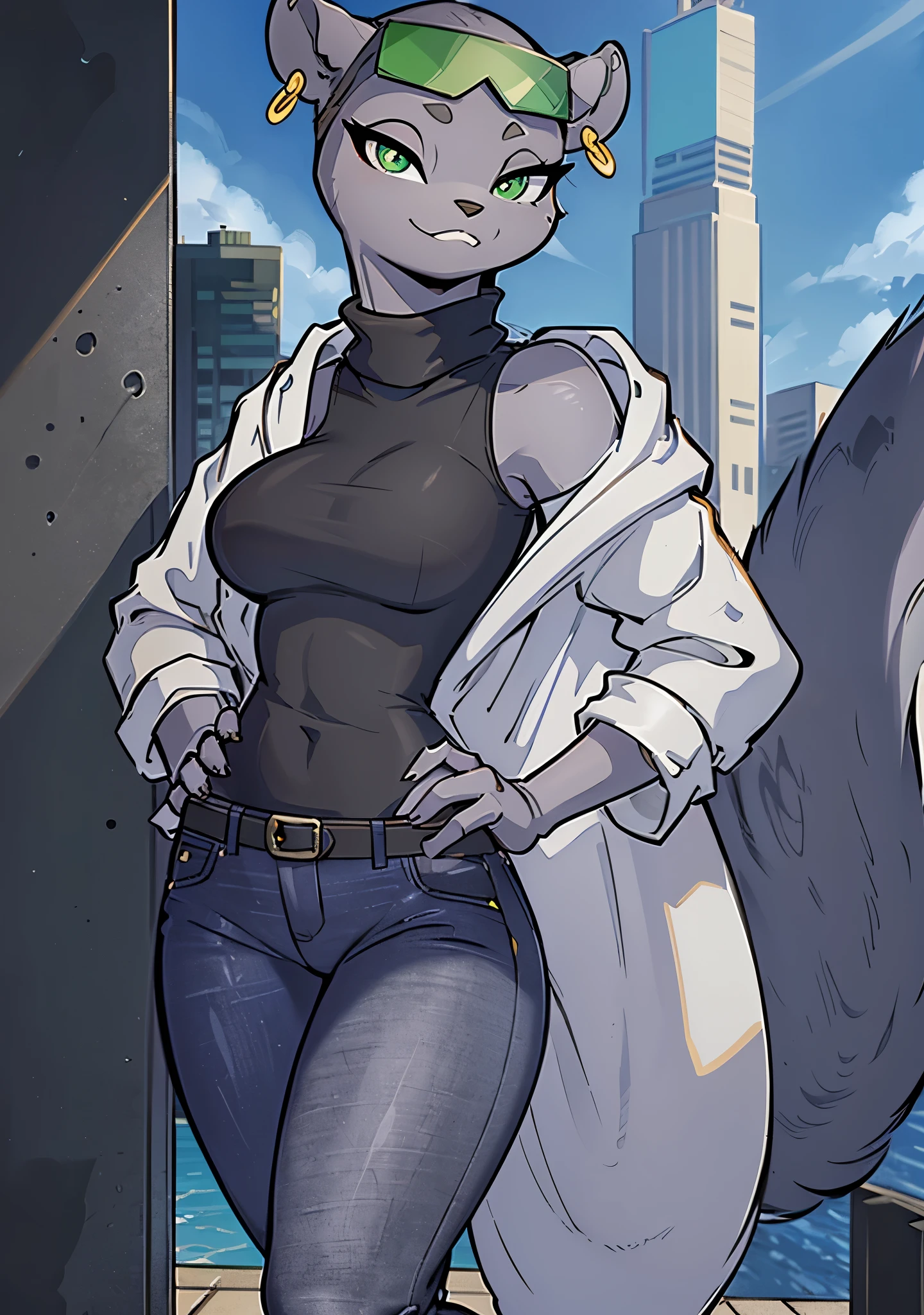 [marie itami], [brand new animal], [Uploaded to e621.net; (wamudraws), (Pixelsketcher)], ((masterpiece)), ((HD)), ((high res)), ((solo portrait)), ((waist-up)), ((front view)), ((furry; anthro)), ((detailed fur)), ((detailed shading)), ((beautiful render art)), ((intricate details)), {anthro mink; grey fur, black nose, (cute green eyes), (detailed iris), (long eyelashes), (long tail), (curvy hips), (detailed legs), (beautiful legs), (smug smirk), (relaxed expression)}, {(black turtleneck sweater), (white coat), (tight jeans), (green sunglasses on head), (gold hoop earrings)}, {(standing), (hand on hip), (looking at viewer)}, [background; (city), (clouds in sky), (blue sky), (sun rays), (ambient lighting)]