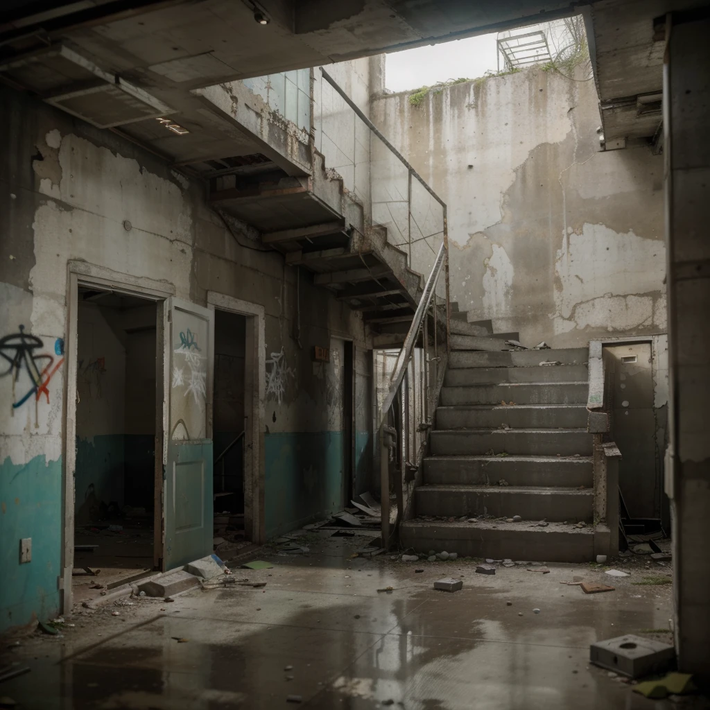 interior of An abandoned concrete building, stairs , hallway (best quality,4k,8k,highres,masterpiece:1.2),ultra-detailed,grimy,decaying walls,vibrant graffiti, overgrown vegetation,harsh lighting,murky atmosphere,post-apocalyptic setting,desolate surroundings,hauntingly beautiful.