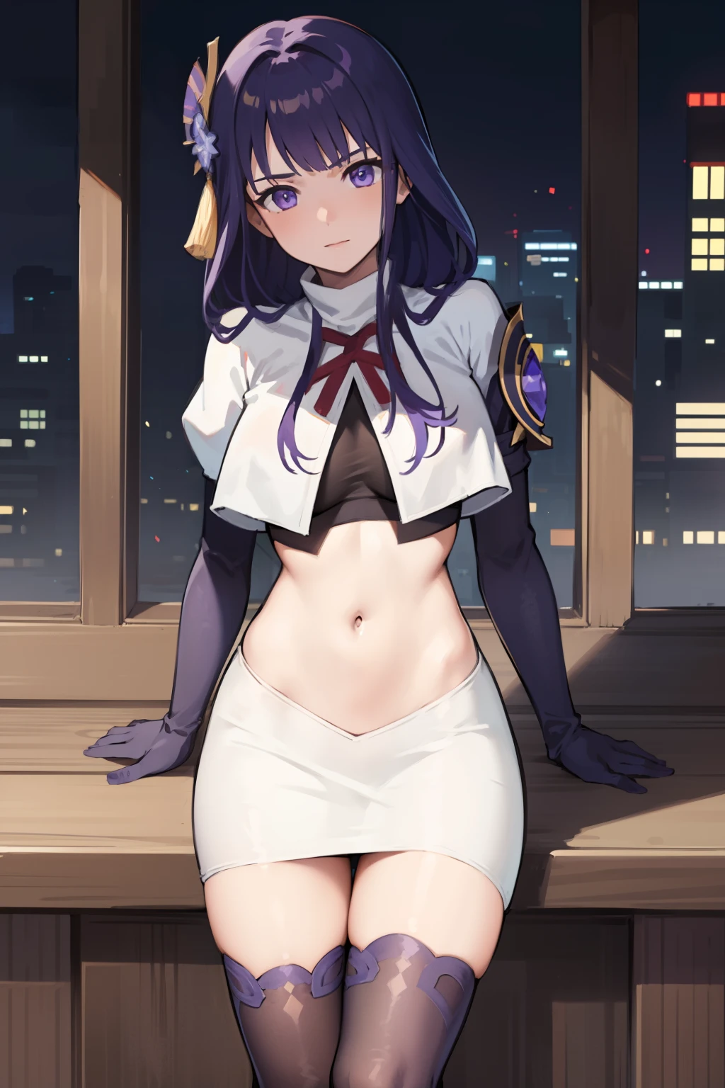 (Highest quality，Masterpiece，8k)，((Pale skin))，1girll，Solo Woman，((Genshin_impact，Raiden general)), Sexy beautiful anime girl，Raiden general, Mole under eye, Long purple hair, hair ornaments, rosy lips，Anime mouth, A sexy mature woman，Detailed eyeusty figure, team rocket,team rocket uniform, red letter R, white skirt,white crop top,black thigh-highs,black elbow gloves,