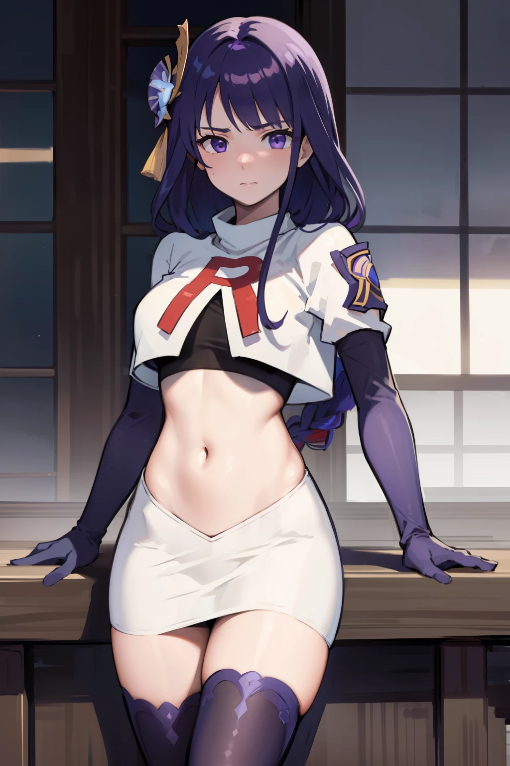 (Highest quality,Masterpiece,8k),((Pale skin)),1girll,Solo Woman,((Genshin_impact,Raiden general)), Sexy beautiful anime girl,Raiden general, Mole under eye, Long purple hair, hair ornaments, rosy lips,Anime mouth, A sexy mature woman,Detailed eyeusty figure, team rocket,team rocket uniform, red letter R, white skirt,white crop top,black thigh-highs,black elbow gloves,