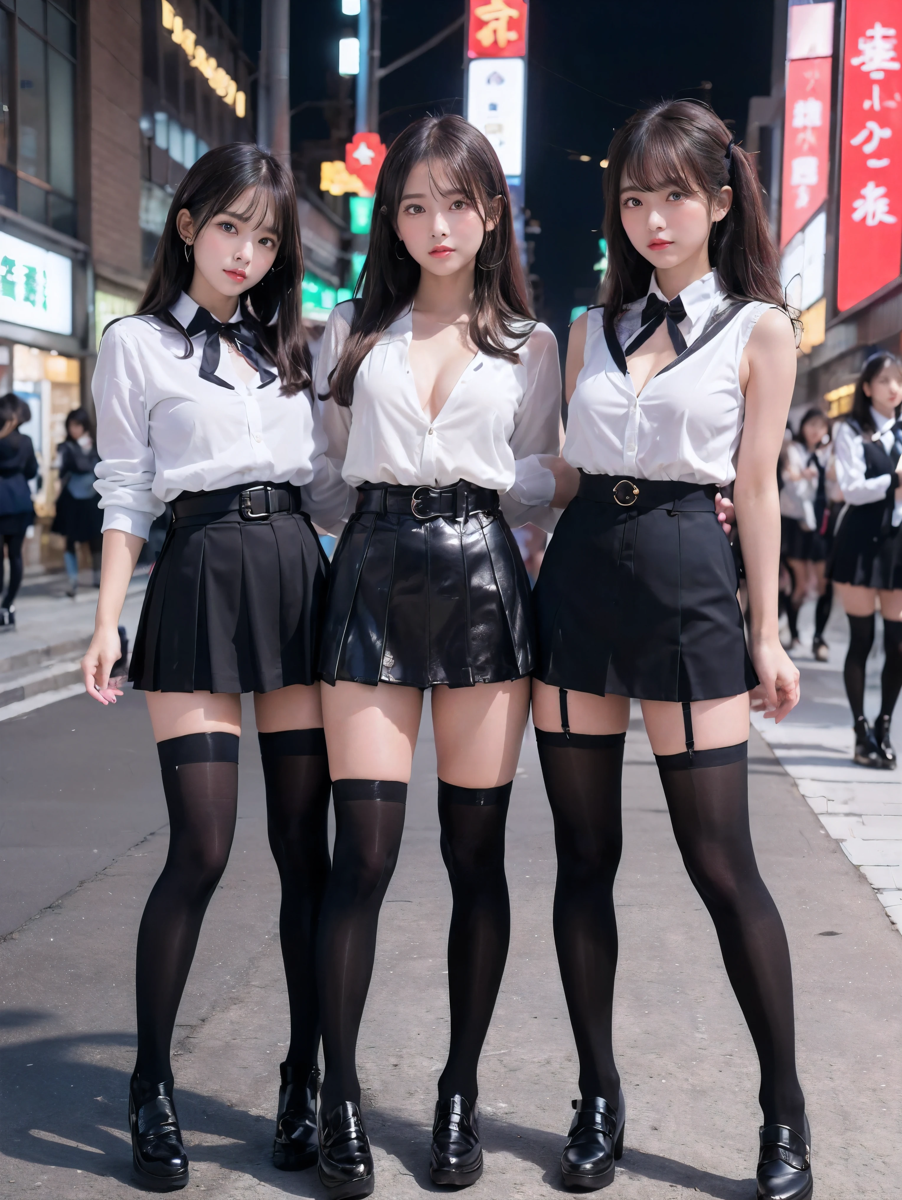 ((whole bodyショット))、((neon city at night))、(Flash brightens the subject)、the shadow recedes、((whole body:1.8))、(highest quality:1.4), (超A high resolution:1.6), (realistic:1.7), ((5-people:1.8))、(5 sisters)、((Kitagawa Marin))、(上半身が短く下半身が長い女子高生5-people:1.8)、(Standing facing this),(put your hand on your waist),(put one's other hand on one's head),(The eldest daughter is blonde)、(my second daughter has curly blonde hair.)、(The third girl has pink hair)、(The fourth daughter has brown hair in a ponytail..)、(high waist micro mini skirt:1.7)、(G-cup big breasts:1.4)、(The chest of the uniform opens and cleavage is exposed.:1.3)、(The uniform jacket and black shirt are short and expose the waist..)、(everyone;big ass、(very long legs:1.4)),((Very wide and plump thighs)),(Her oily and glossy thighs are wonderful.),(thin knees),(very wide calves),(thin ankles),(Above-the-knee black thigh-high socks with garters that show off your glowing skin.)(i will definitely wear them))、(Black knee-high socks with transparent skin are 3 denier)、((The rubber part of black knee-high socks is not transparent to the skin..)(dig into the thigh))、(everyone;She wears patent loafers and high heels.),驚異的にかわいい5 sisters、detailed beautiful face, Yulurea、(skin becomes moist and radiant)、Idol、韓国Idol、日本のIdol、please invite me inside、eyes of temptation、Eyes that invite