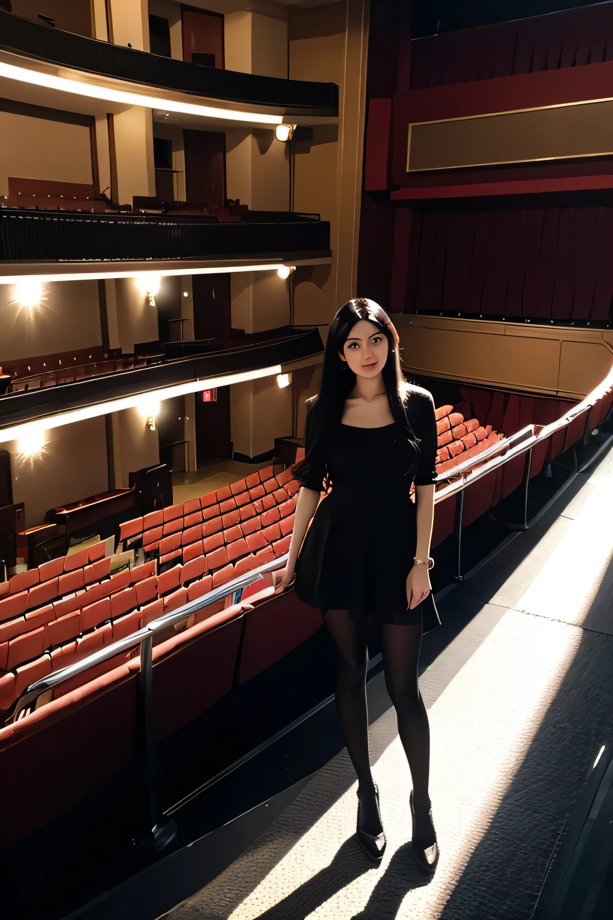 Young woman , with long black hair , in pantyhose , Standing on the balcony , in the theatre