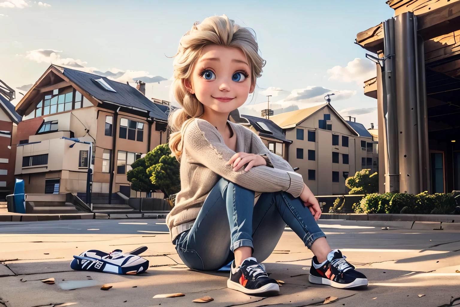 masterpiece, best quality, 1gril, solo, (Elsa), grey hair, (sit on the ground), (sitting with legs hugged),strip_sweater, jeans_pants, sneaker, school yard background, smile, (looking at the viewer), front face, cheek on knees, full body, Naive and innocent eyes