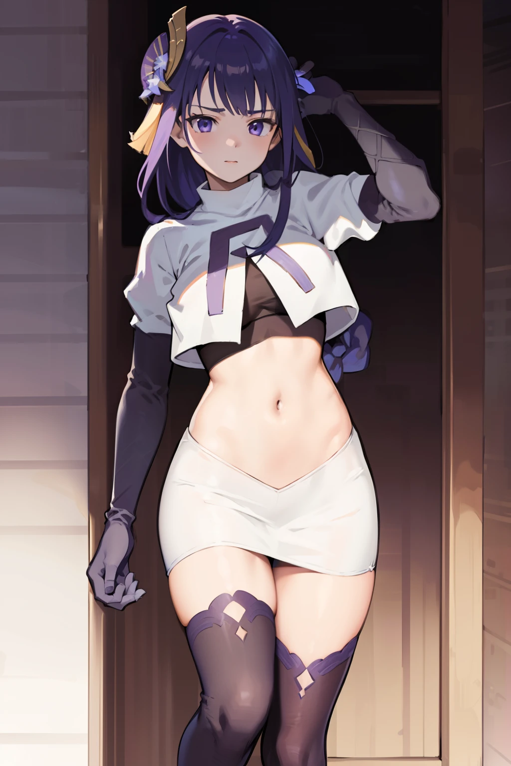 (Highest quality,Masterpiece,8k),((Pale skin)),1girll,Solo Woman,((Genshin_impact,Raiden general)), Sexy beautiful anime girl,Raiden general, Mole under eye, Long purple hair, hair ornaments, rosy lips,Anime mouth, A sexy mature woman,Detailed eyeusty figure, team rocket,team rocket uniform, red letter R, white skirt,white crop top,black thigh-highs,black elbow gloves,