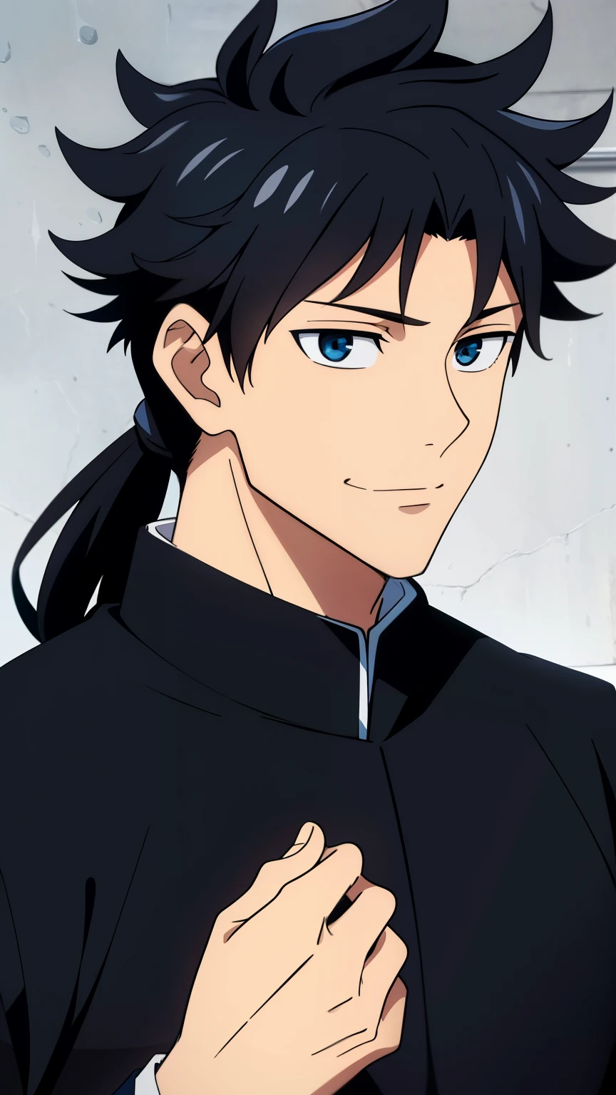 (high-quality, breathtaking),(expressive eyes, perfect face) 1boy, male, solo, teenager, black hair, red eye color, medium hair length, looking at viewer, half body, bright smile, kind face, calm expression, tanned skin, dark black blue long sleeved shirt, collared shirt, dark black blue pants, jujutsu kaisen uniform, jujutsu high school uniform, wavy hair, grey background, portrait, Itadori inspired