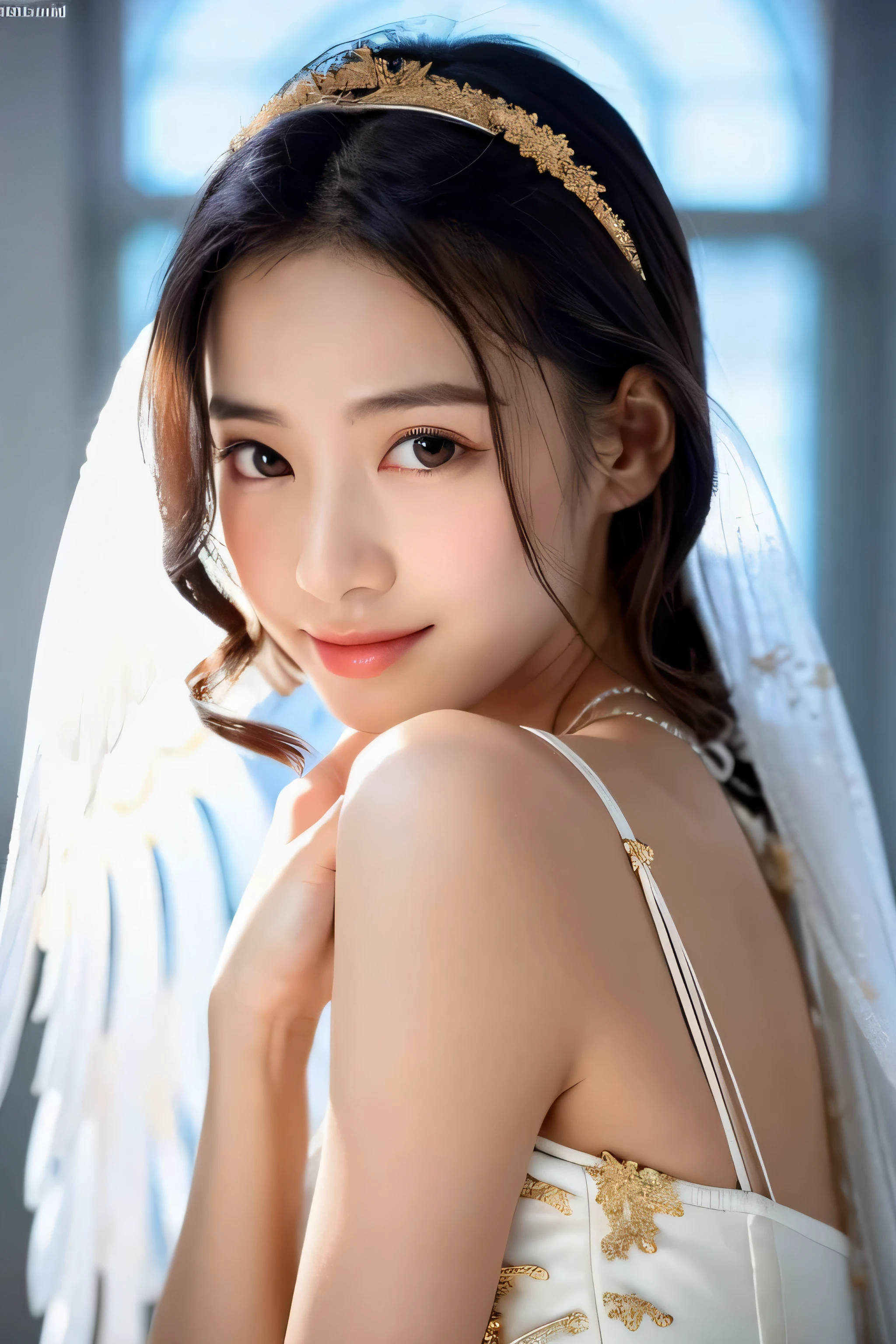 (On a table, Best quality, realistically, ultra - detailed, meticuloso, A high resolution, 8k wallpaper), Close-up portrait of a beautiful woman, Chariada, Smiling, light brown messy hair, Perfect dynamic composition, 美丽meticuloso的眼睛, Just like the cover of a fashion magazine, On campus