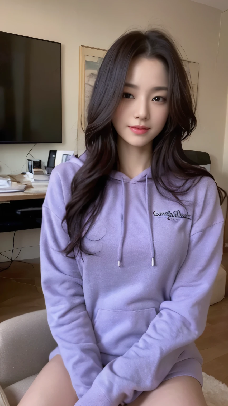 ((top-quality、8k、masterpiece:1.3))、Beautiful woman with perfect body:1.4、slim abdomen:1.2、Longhair, normal breast, Highly detailed facial and skin texture, A detailed eye, delicate eyes, double eyelid, (smile), (full body shot), ((computer room)), (sitting in chair), ((wearing purple hoodie)), looking in front