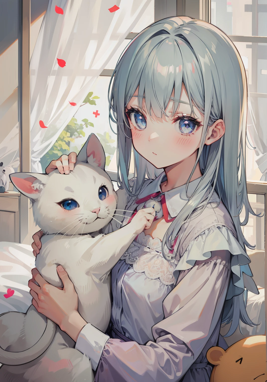 Bedroom,Girls in nightdresses holding stuffed mice,silver hair,short hair,blush