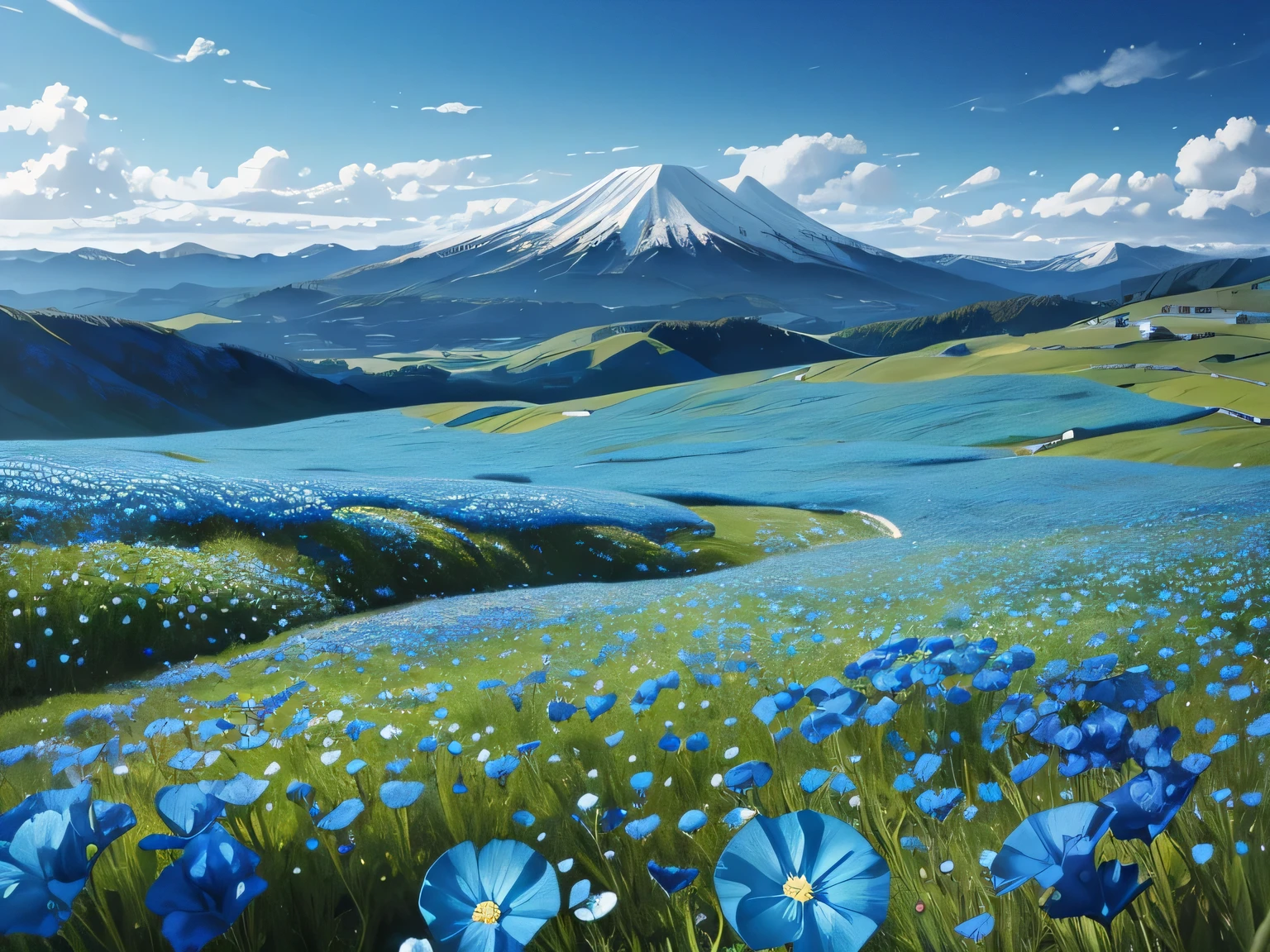 sea of flowers, Nemophila, Nemophila field, (Nemophila swayed by the wind:1.1), (hill:1.3), (Best configuration), (masterpiece), (highest quality), (Ultra high detail), intricate details, texture with intricate details