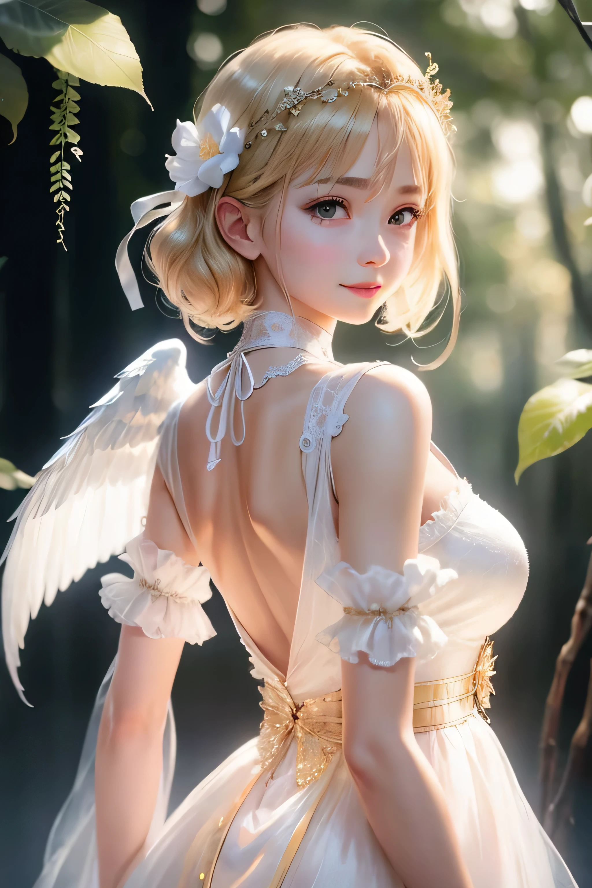 Wide and wide green plateau、Under a large cherry tree、Cherry blossoms in full bloom、Pink cherry blossom petals flutter in the sky、8K、realphoto、超A high resolution, Master Parts, Best Quality, nffsw , cinematic images,Lovely girl、ann、16 only、Anglo-Saxon、二重まぶた、drooing eyes、Very big eyes、eye shadow、 ighly detailed , a blond、Straight short hair、 Sweet look 、A little embarrassing、thin lipss ,High nose with beautiful lines、a very beautiful woman、long arms and legs、 Very clear shadows , jewely , A sexy , A detailed eye, very intricate, shiny skins , Perfect Brilliant, Perfect Lighting, Dramatic shadows ,White tiara on head、White angel wings from behind Greek see-through white dressing、White bouquet in both hands