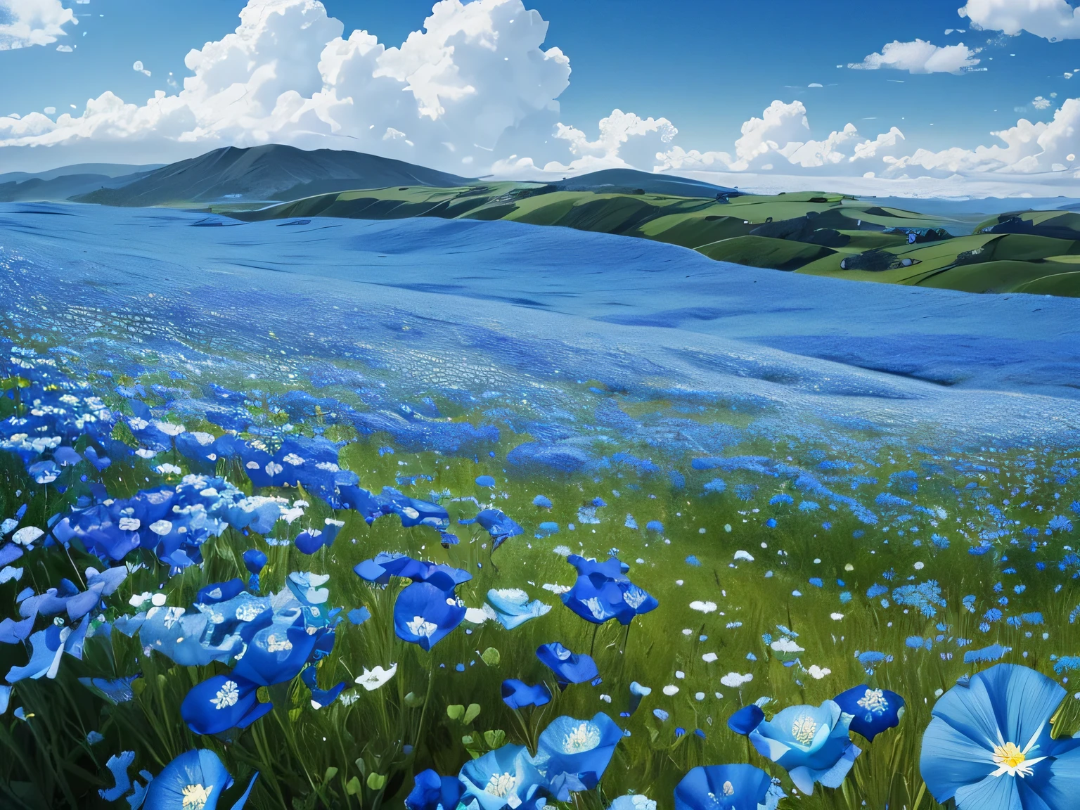 sea of flowers, Nemophila, Nemophila field, (Nemophila swayed by the wind:1.1), (hill:1.3), (Best configuration), (masterpiece), (highest quality), (Ultra high detail), intricate details, texture with intricate details
