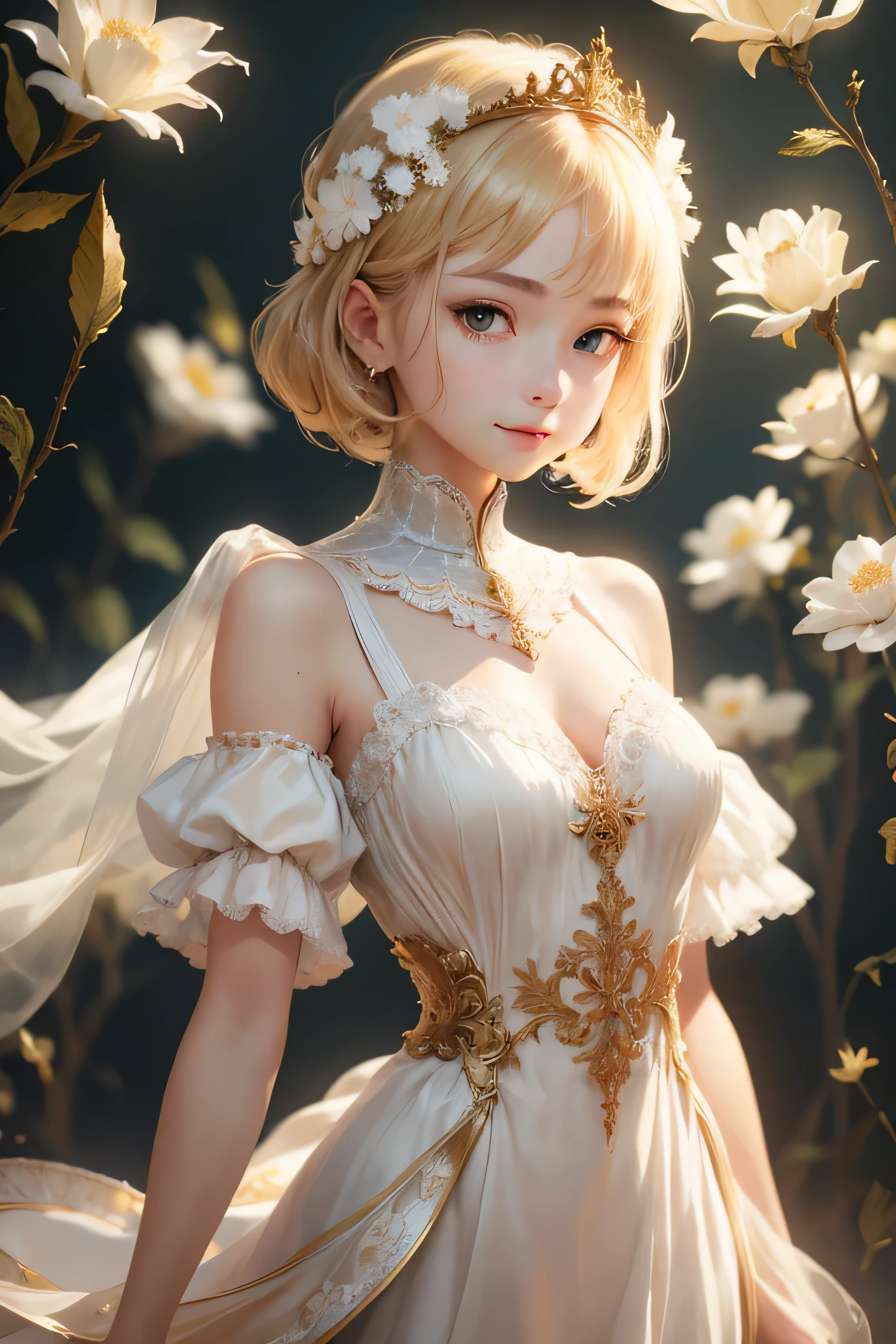 1girl, looking at viewer,
upper body, 3D, realistic,
large breasts, excessively frilled princess dress, draped clothes, jewelry, ornament, flower, lace trim,
masterpiece, best quality, 8k, detailed skin texture, detailed cloth texture,  beautiful detailed face, intricate details, ultra detailed,
rim lighting, side lighting, cinematic light, ultra high res, 8k uhd, film grain,best shadow, delicate, RAW