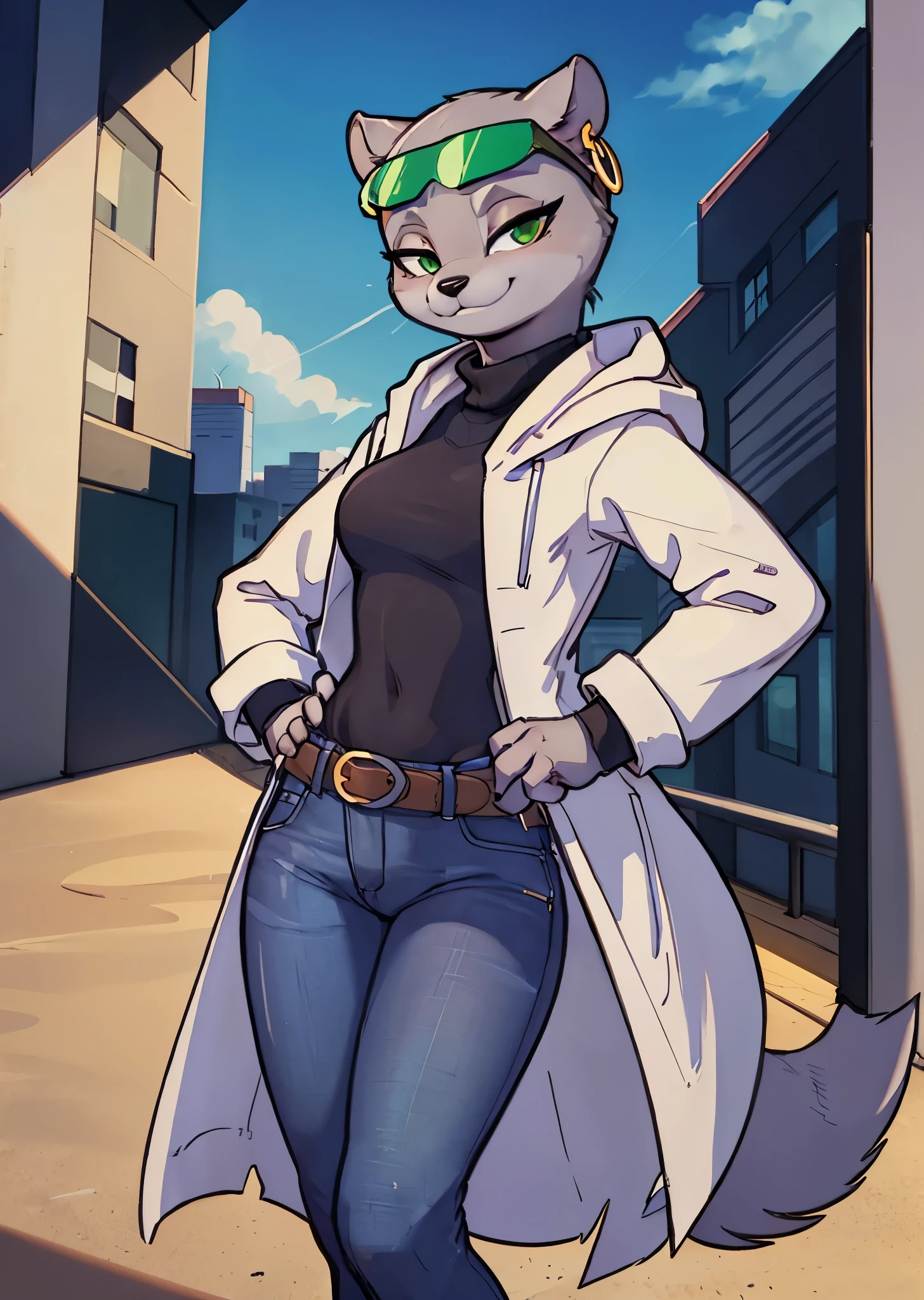 [marie itami], [brand new animal], [Uploaded to e621.net; (wamudraws), (Pixelsketcher)], ((masterpiece)), ((HD)), ((high res)), ((solo portrait)), ((waist-up)), ((front view)), ((furry; anthro)), ((detailed fur)), ((detailed shading)), ((beautiful render art)), ((intricate details)), {anthro mink; grey fur, black nose, (cute green eyes), (detailed iris), (long eyelashes), (long tail), (curvy hips), (detailed legs), (beautiful legs), (smug smirk), (relaxed expression)}, {(black turtleneck sweater), (white coat), (tight jeans), (green sunglasses on head), (gold hoop earrings)}, {(standing), (hand on hip), (looking at viewer)}, [background; (city), (clouds in sky), (blue sky), (sun rays), (ambient lighting)]